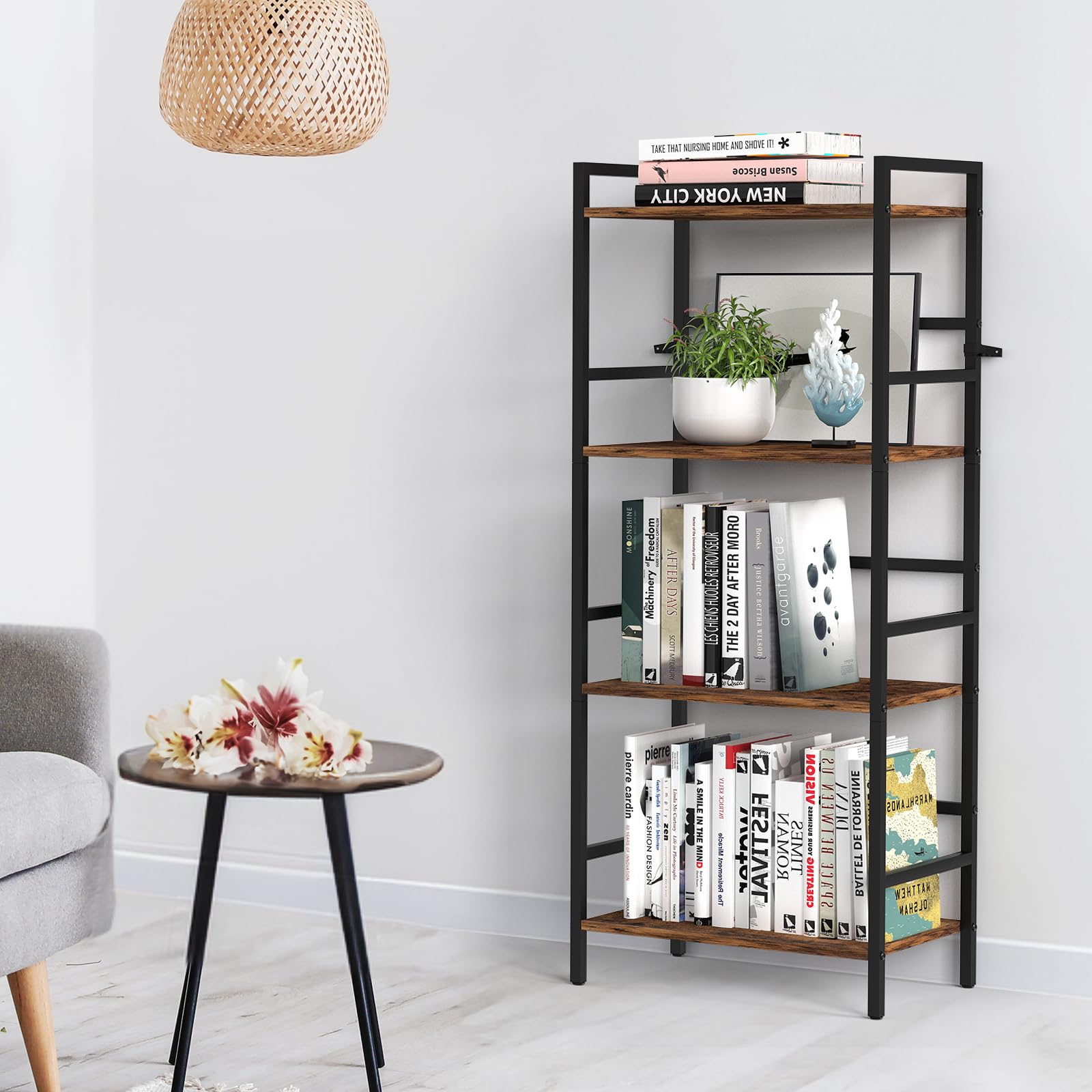 CADUKE 4-poziomowa półka na książki z miejscem do przechowywania Industrial Open Etagere Bookcase Wood Metal Book Shelf Stand Brown Regały na książki do salonu, sypialni, biura