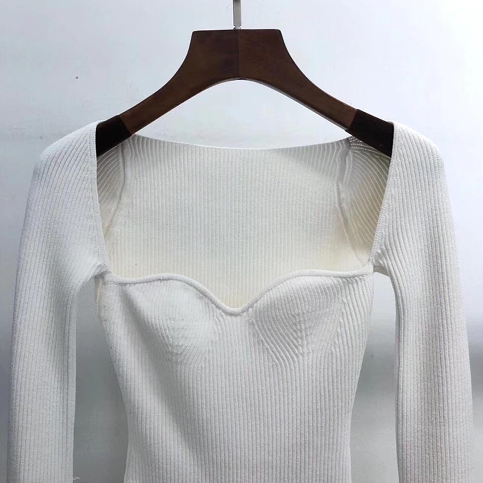 TEidea Rebeca Mujer Verano Autumn Fashion: Suéter De Punto Dividido De Lado Blanco con Cuello Cuadrado Y Mangas Largas para Mujeres-Blanco-S