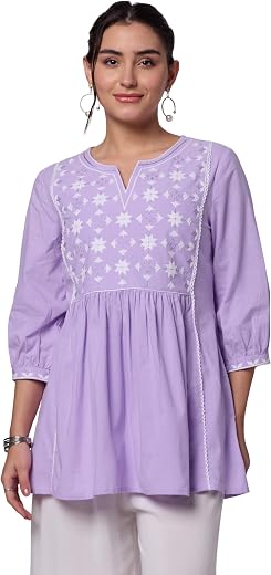 Amazon Brand - Myx Women's Pure Cotton Embroidered Short Kurti | Tunic | Short Kurta (Available in Plus Sizes)