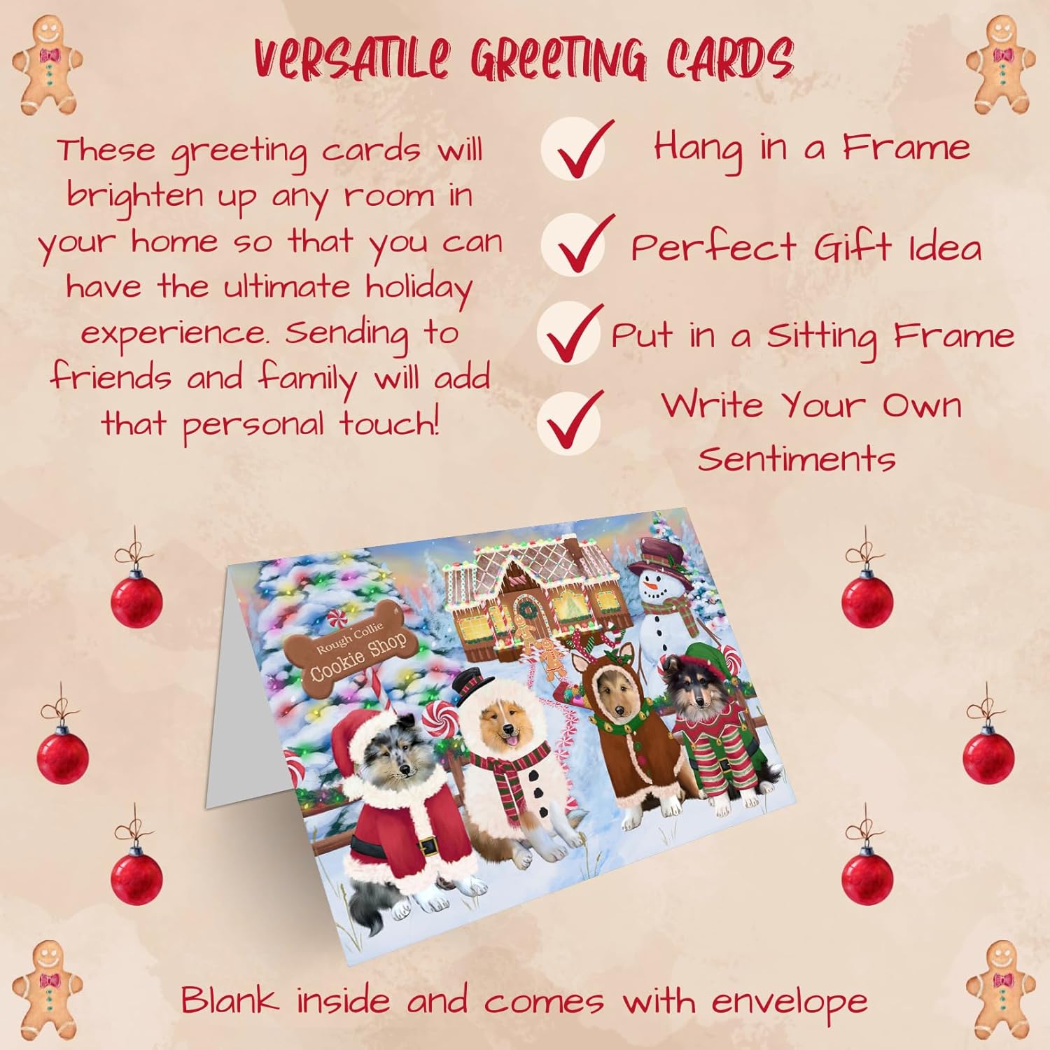 Doggie of the Day Holiday Gingerbread Cookie Shop Rough Collies Dog Note Cards - Adorable Pets Invitation Cards with Envelopes - Pet Artwork Christmas Note Cards GCD71675 (10 Greeting Cards)
