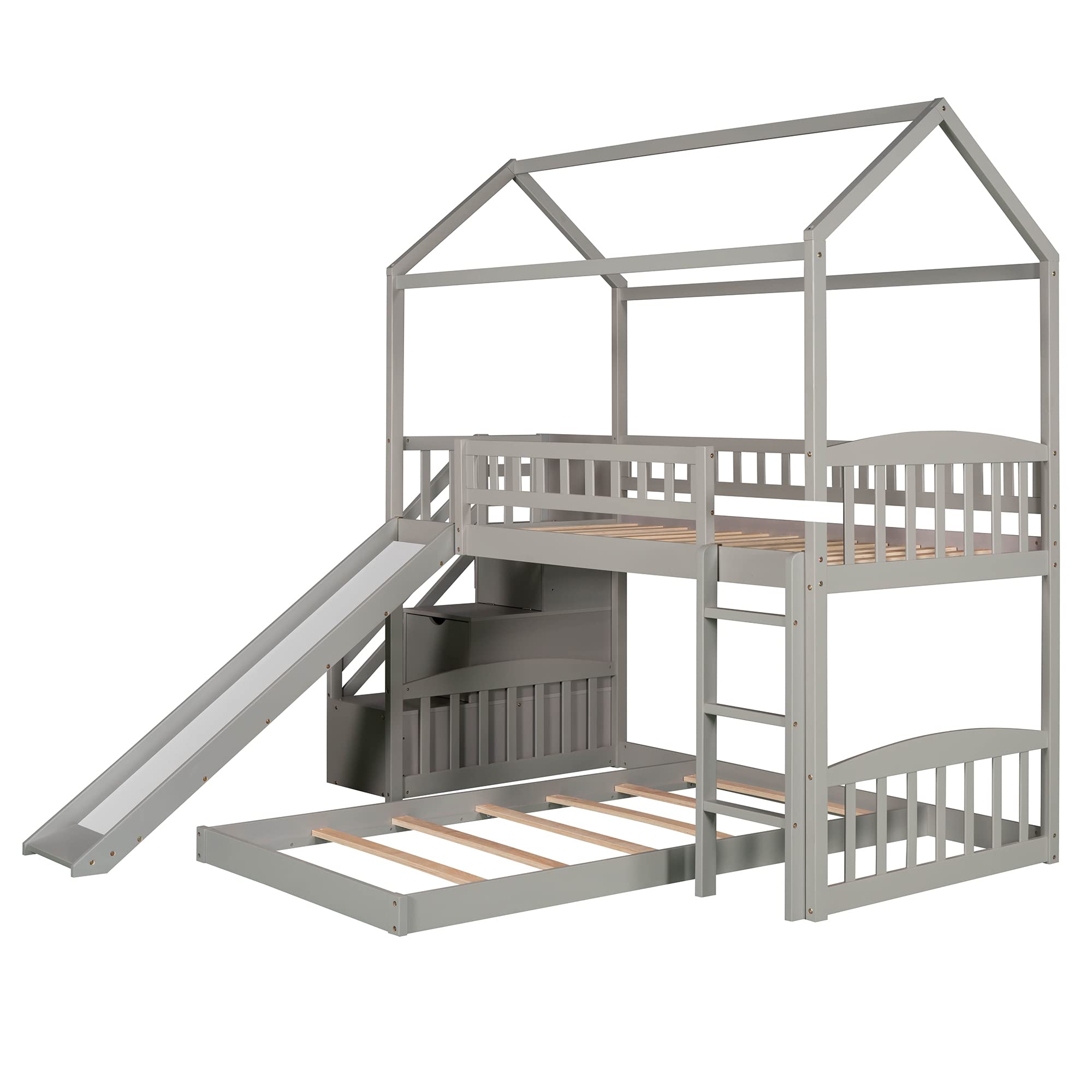 BIADNBZ Twin Over Twin Bunk Bed House with Slide and Storage Stairs ...