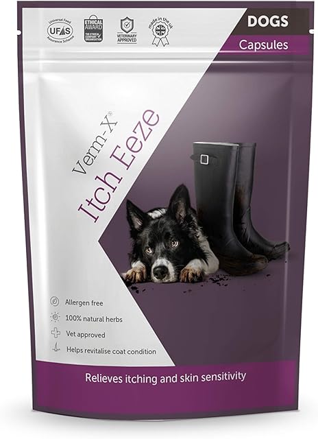 Verm-X Itch-Eeze for Dogs. All Natural Daily Supplement to Reduce Itching and Restore Coat Quality. Allergen free. Supports Immune System Clear 50gm