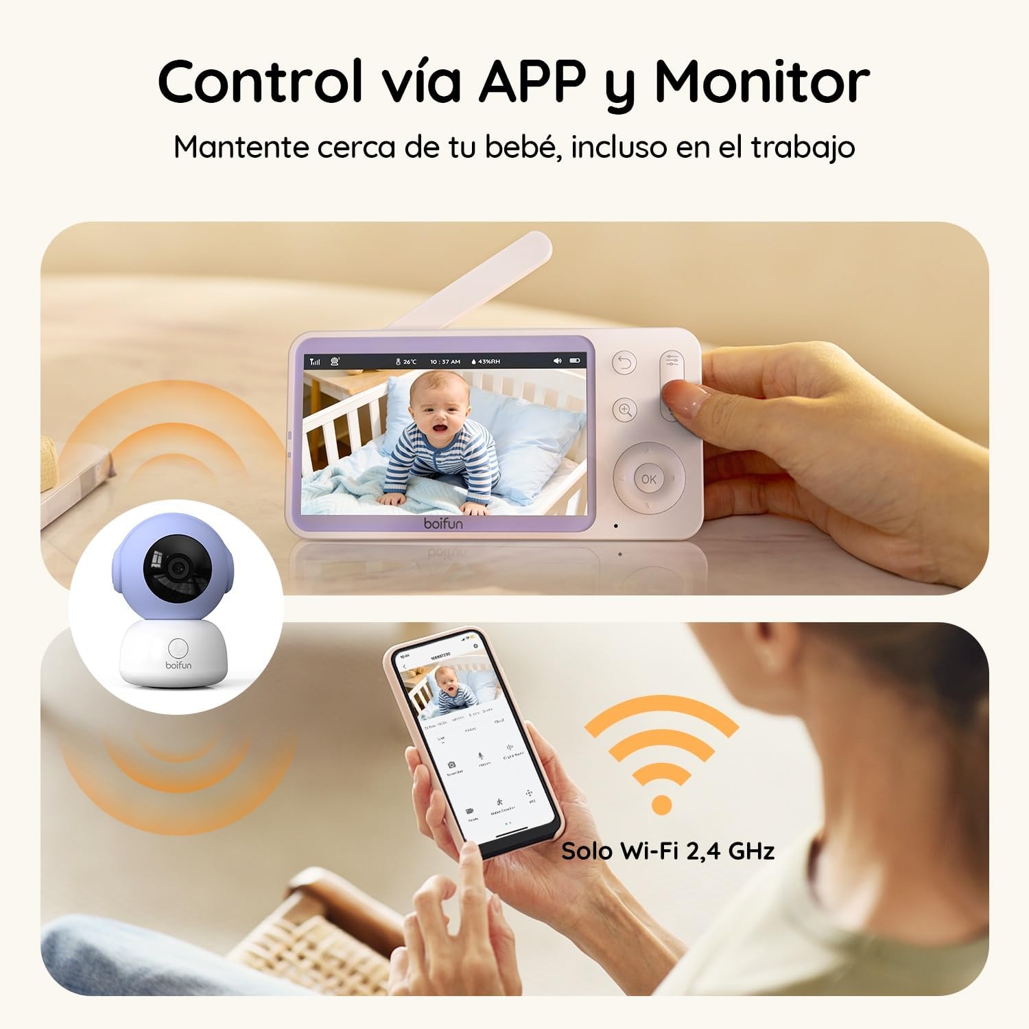 BOIFUN 2026 Cámara Vigilancia Bebé 2K (3MP) con WiFi y App Móvil, Vigilabebés con Pantalla de 5, Visión Nocturna sin Luz, Cámara 360°, Detección de Movimiento y Llanto, Audio Bidireccional, Zoom 4X