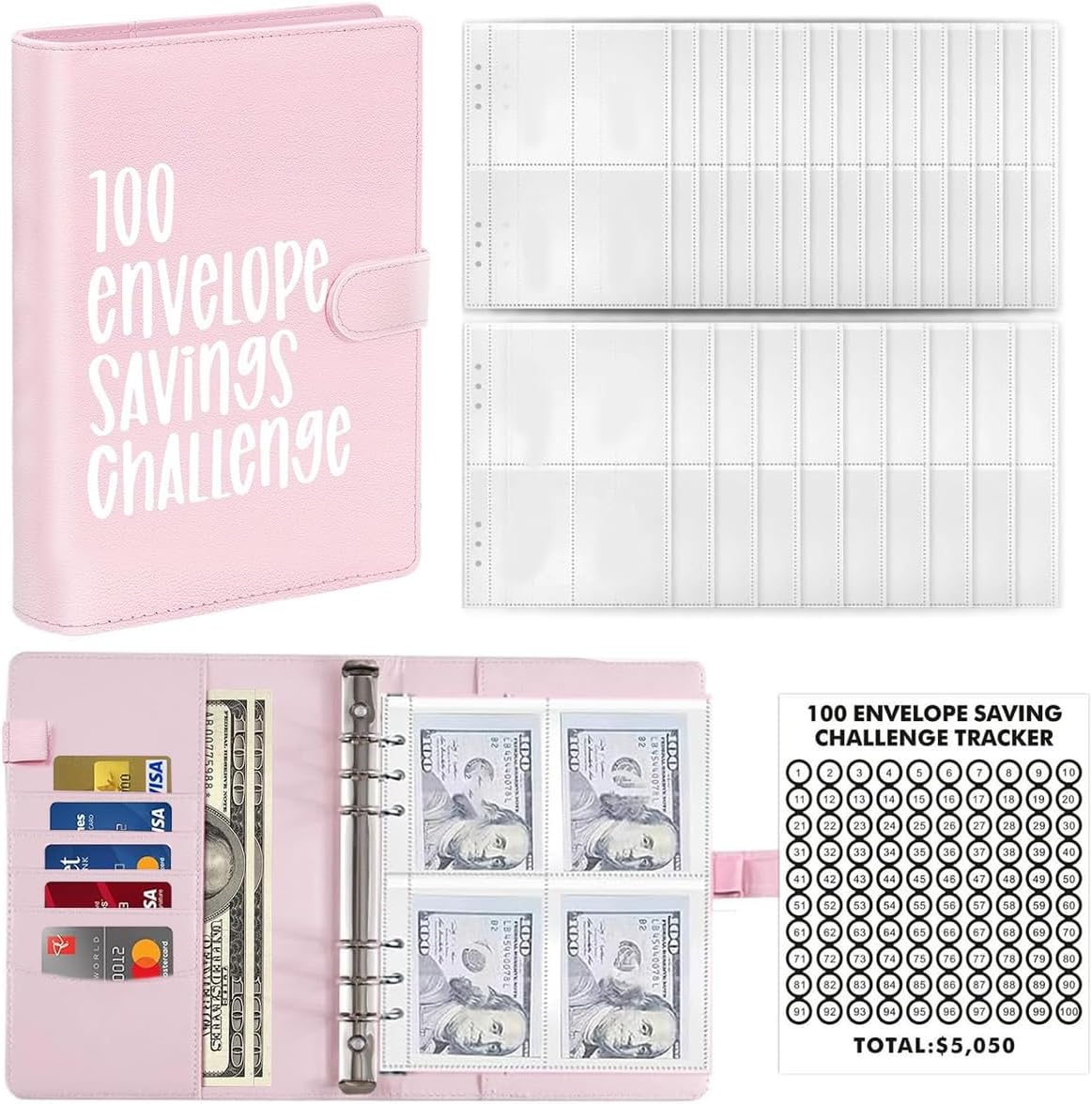 HASTHIP Money Saving Planner A5 Budget Binder with 100 Days Plan and Cash Envelopes, Pink