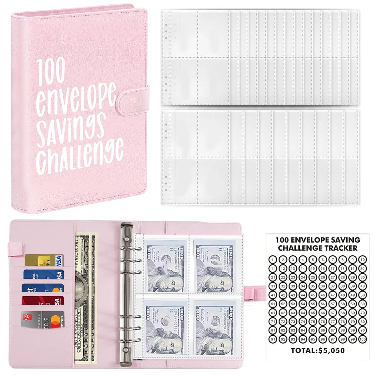 HASTHIP Money Saving Planner A5 Budget Binder with 100 Days Plan and Cash Envelopes, Pink
