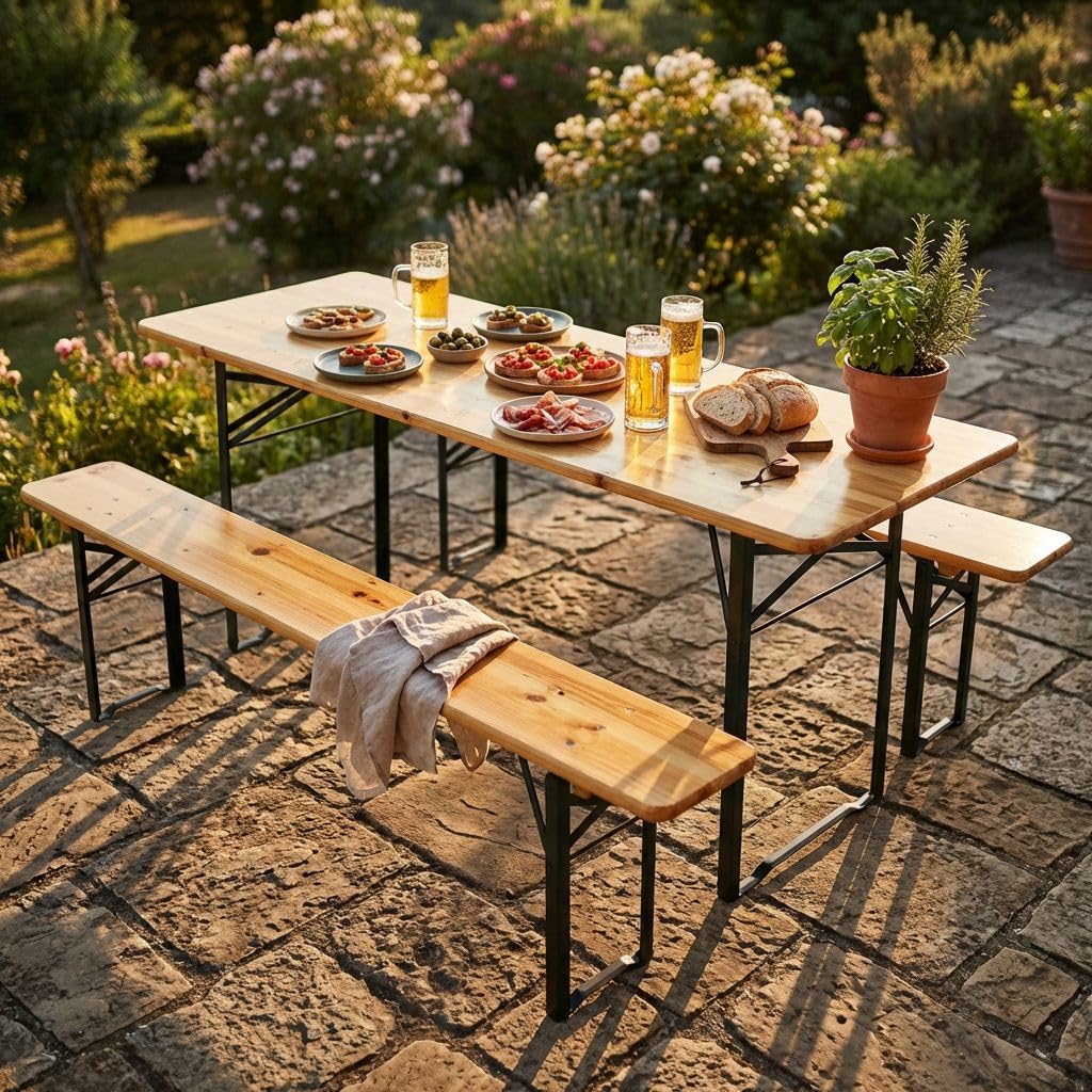 milani home - set birreria tavolo e panche, legno, tavolo e 2 panche, 8 posti, marrone e verde, piano 200 x 70 cm