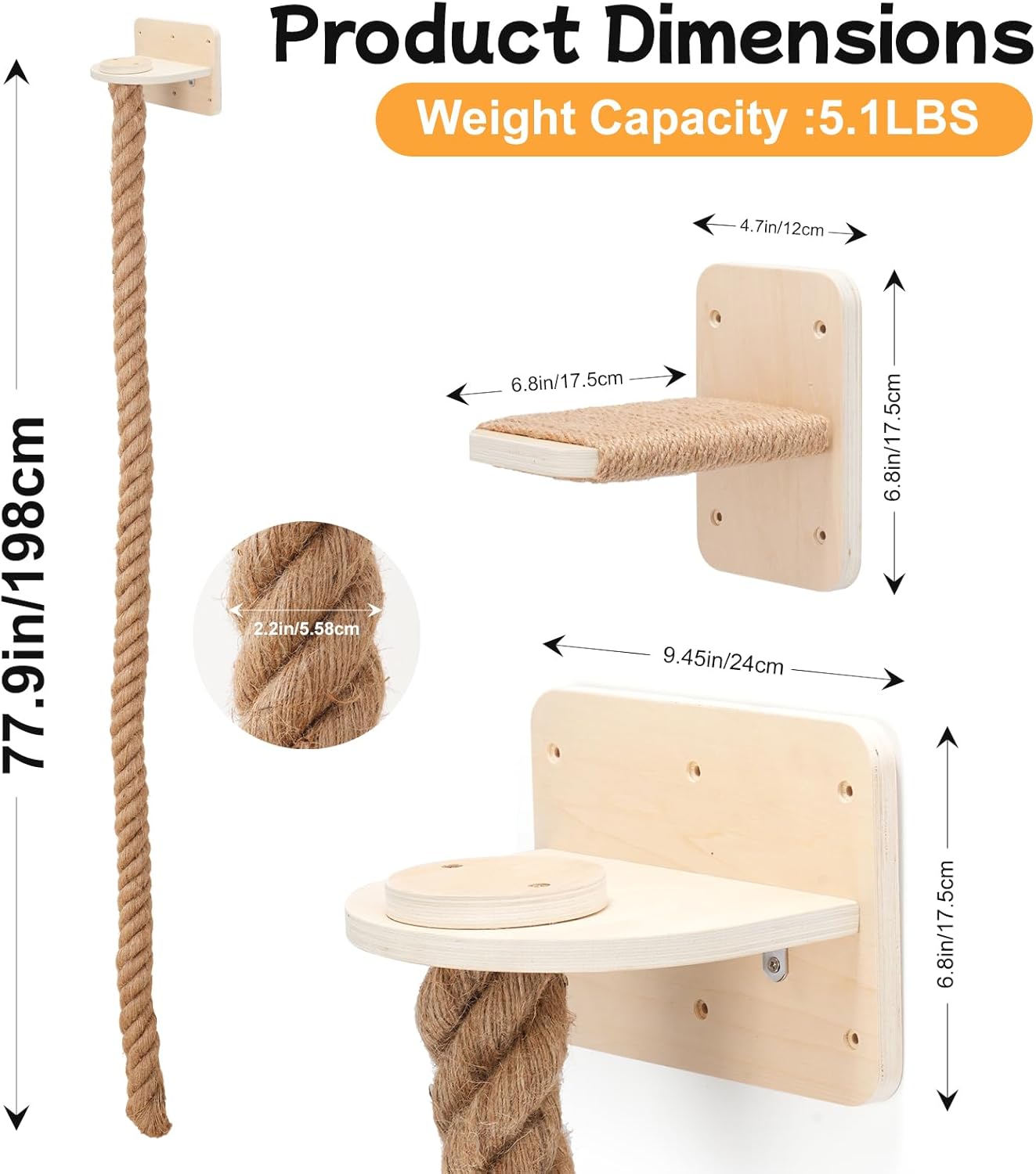 Uross 2.2" x 6.49Ft Cat Climbing Rope Wall Mounted with Jumping Platform Thick Natural Jute Rope Ladder & Scratching Post, Heavy Duty Cat Wall Furniture for Indoor Cats, Kittens & Large Cats