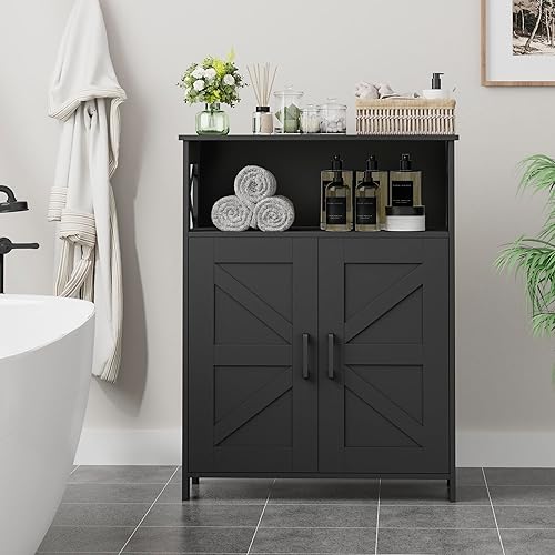 Miniatura 2 de Homhedy Armario de almacenamiento de baño con 2 puertas, gabinete de papel higiénico con estantes ajustables, armario de baño pequeño para Negro