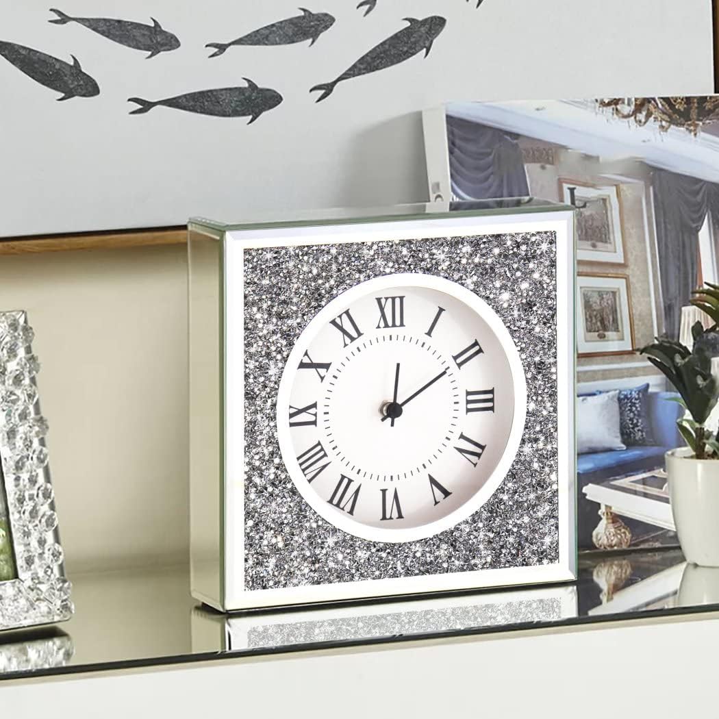 ALLARTONLY Desk Clock Wall Clock 8x8x2Inch Crushed Diamond Mirrored Clock Table Top Decorative Clock for Home Decoration. AA Battery not Included