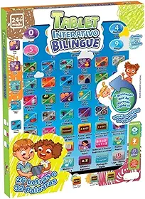 Tablet Interativo Bilíngue Educativo para Crianças, Português e Inglês, 26 Letras e 32 Palavras, 24x18cm, Idade 24+ Meses