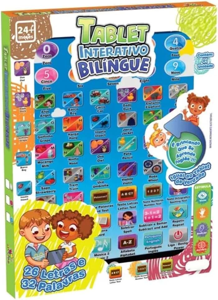 Tablet Interativo Bilíngue Educativo para Crianças, Português e Inglês, 26 Letras e 32 Palavras, 24x18cm, Idade 24+ Meses