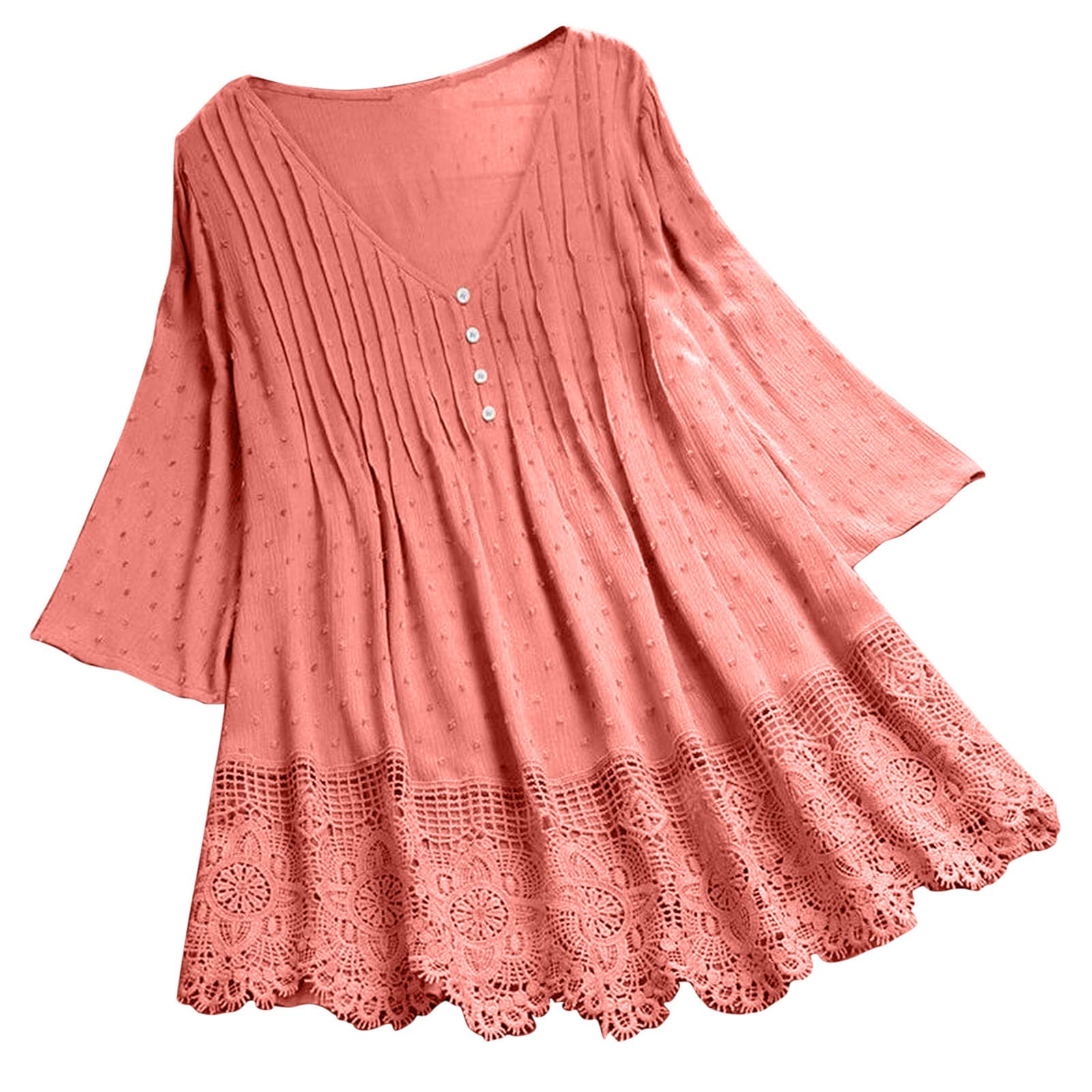 Womens Summer Loose Tops V-Neck Lace Crochet Half Sleeve Shirts Casual Chiffon Blouses Flowy Blouses Shirts(Watermelon Red,5X-Large)