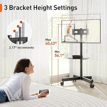 Perlegear Rolling TV Stand for 23-60 Inch LED Flat Screen/Curved TVs up to 88lbs,Mobile TV Stand Wheels with Height Adjustable Portable Rolling TV Cart Max VESA 400x400mm,PGTVMC06