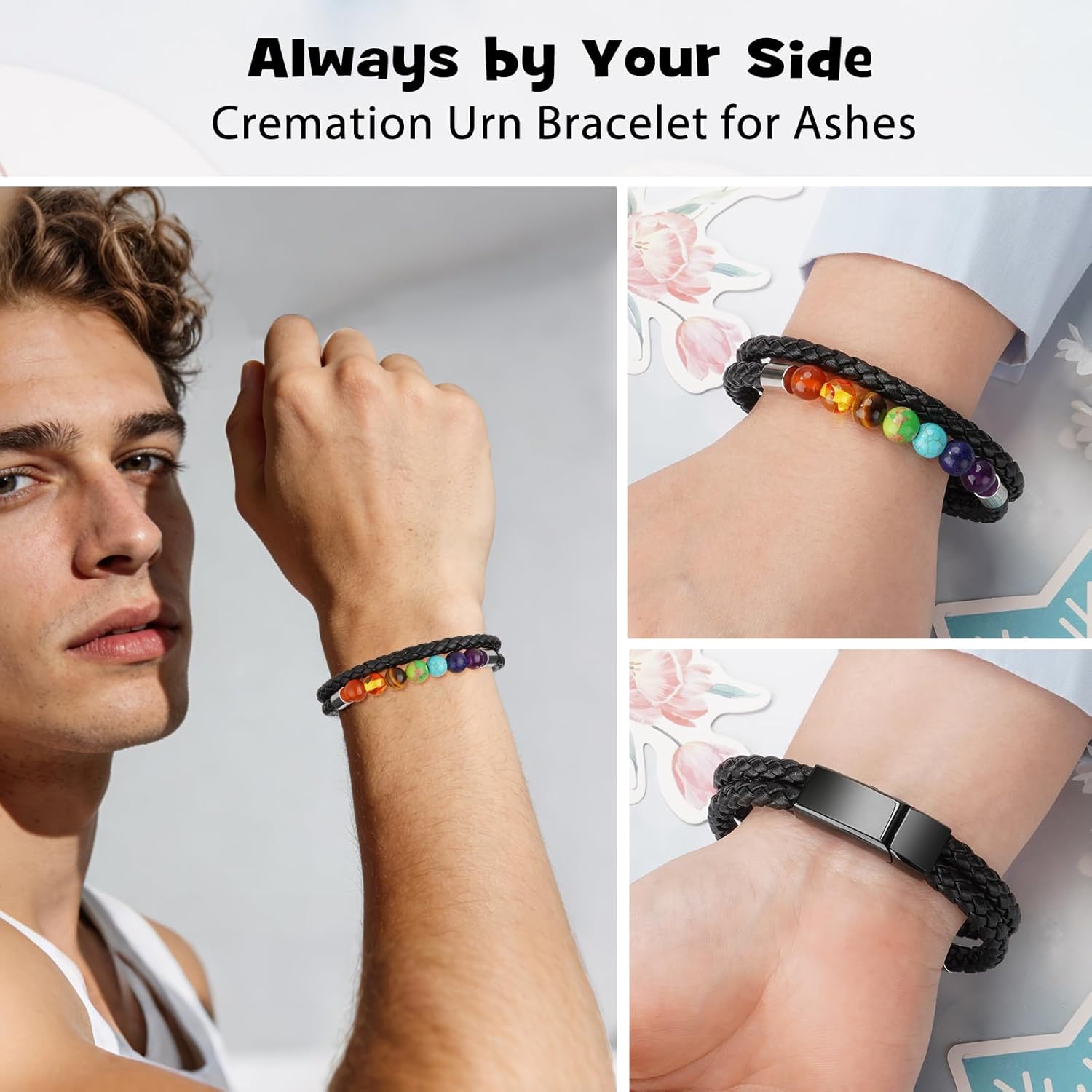 Urn Bracelet for Ashes Leather Cremation Bracelets for Human Ashes Stainless Steel Ash Bracelets Memorial Cremation Jewelry Keepsake Bangle for Men Chakra Bracelet 7 Chakras Bead Healing Bracelet - Image 6