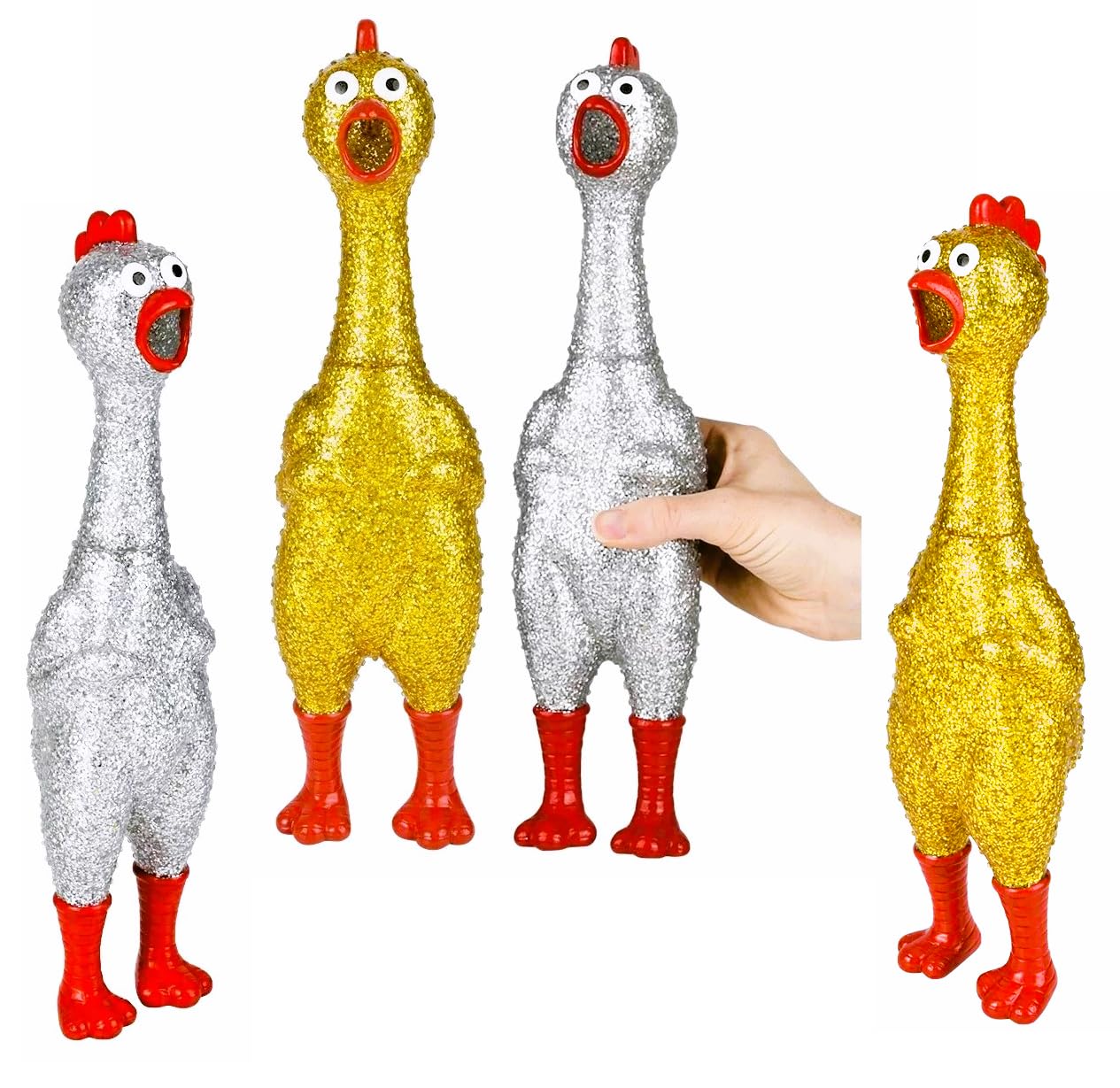 Large 13.5" Sparkle Glitter Rubber Squeeze Chicken with a Long Funny Squeaky Sound (Gold - Silver) Glitter Shiny Funny Gag Prank Chicken Prop (4 Pack