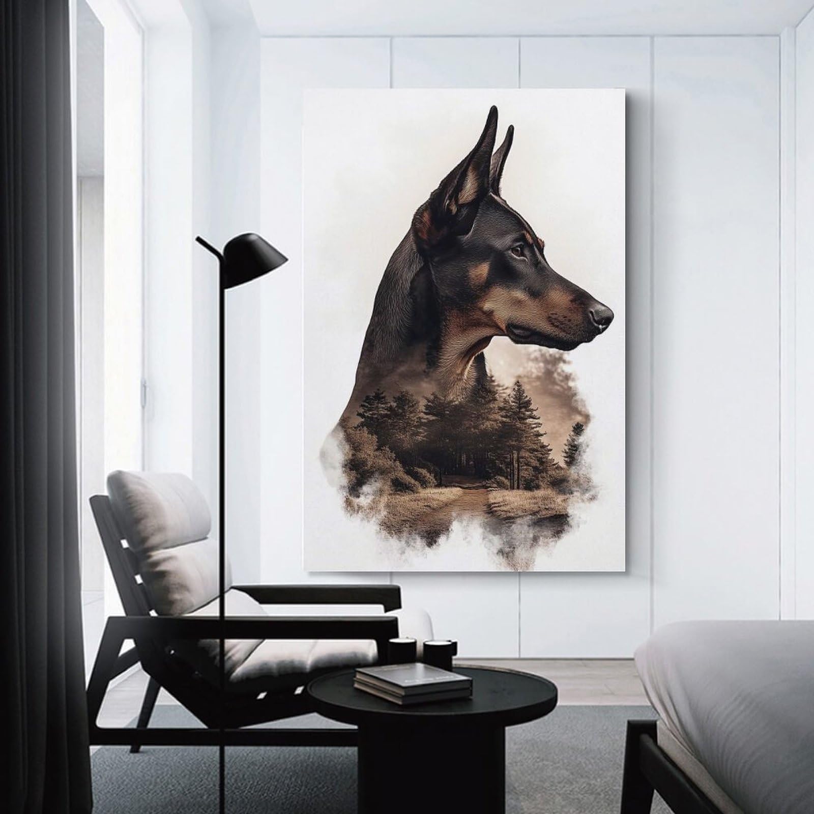Junmoney Doberman with Forest Background Wall Picture Print, 20x30inch(50x75cm), for Feature Walls in Flats Or Modern Rooms, Decorative Artwork with Flexible Styling