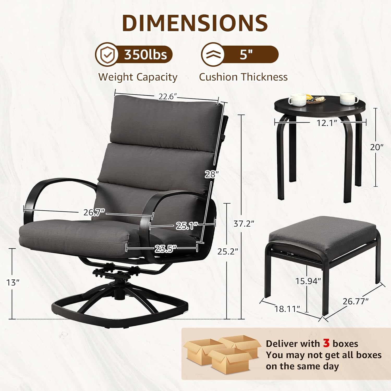 NATURAL EXPRESSIONS Patio Furniture Set, 5 Pieces Outdoor Swivel Rocker with Ottoman, High Back, Deep Seating with 5" Olefin Cushion, Patio Rocking Chairs for Porch, Backyard (Dark Grey)