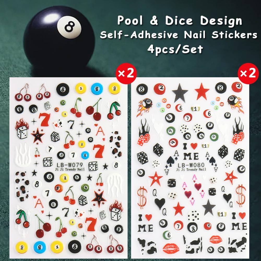 4 Sheets Pool & Dice Nail Art Stickers Decals, Cute Cartoon Style Dice Billiard Numbers Cherry Star Nail Art Design 5D Embossed Self-Adhesive Nail Decals Manicure Decorations for Women Girls