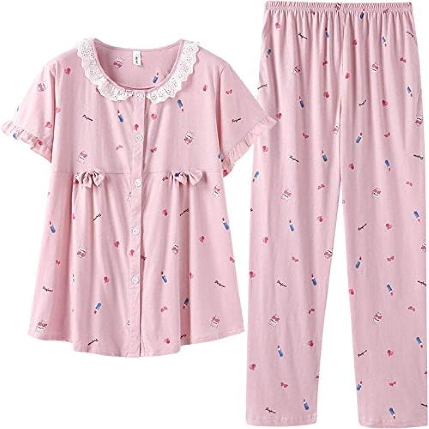 夏のレディースレースラウンドネック半袖パンツパジャマホームサービススーツ,ピンク,5XL