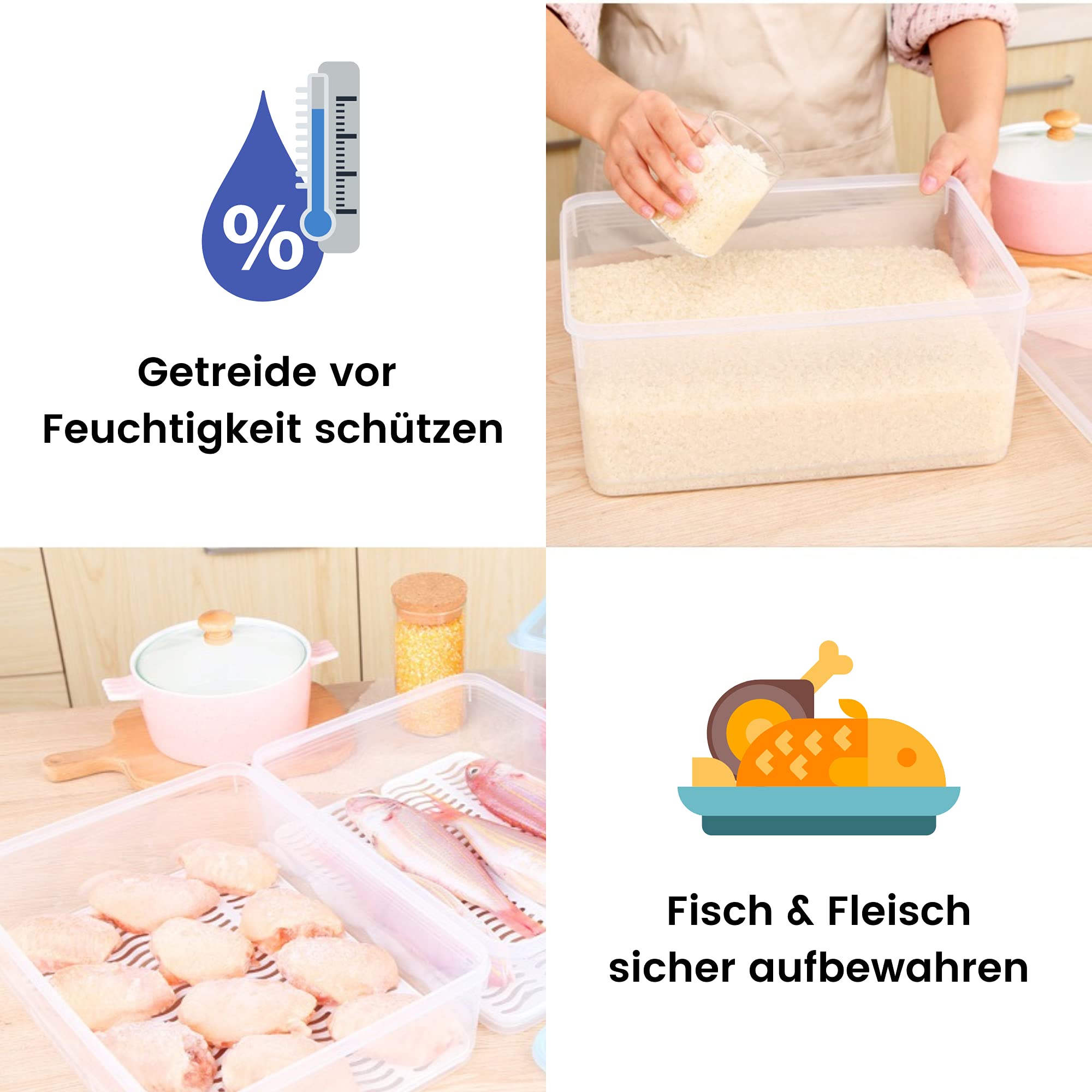Kühlschrank Organizer Küchen Ordnungssystem Set mit Deckel groß Stapelbar Transparent Speisekammer Vorratsbehälter Tiefkühldosen Gefrierdosen Frischhaltebox (40 Liter (8 * 5L, 16*Gitter))