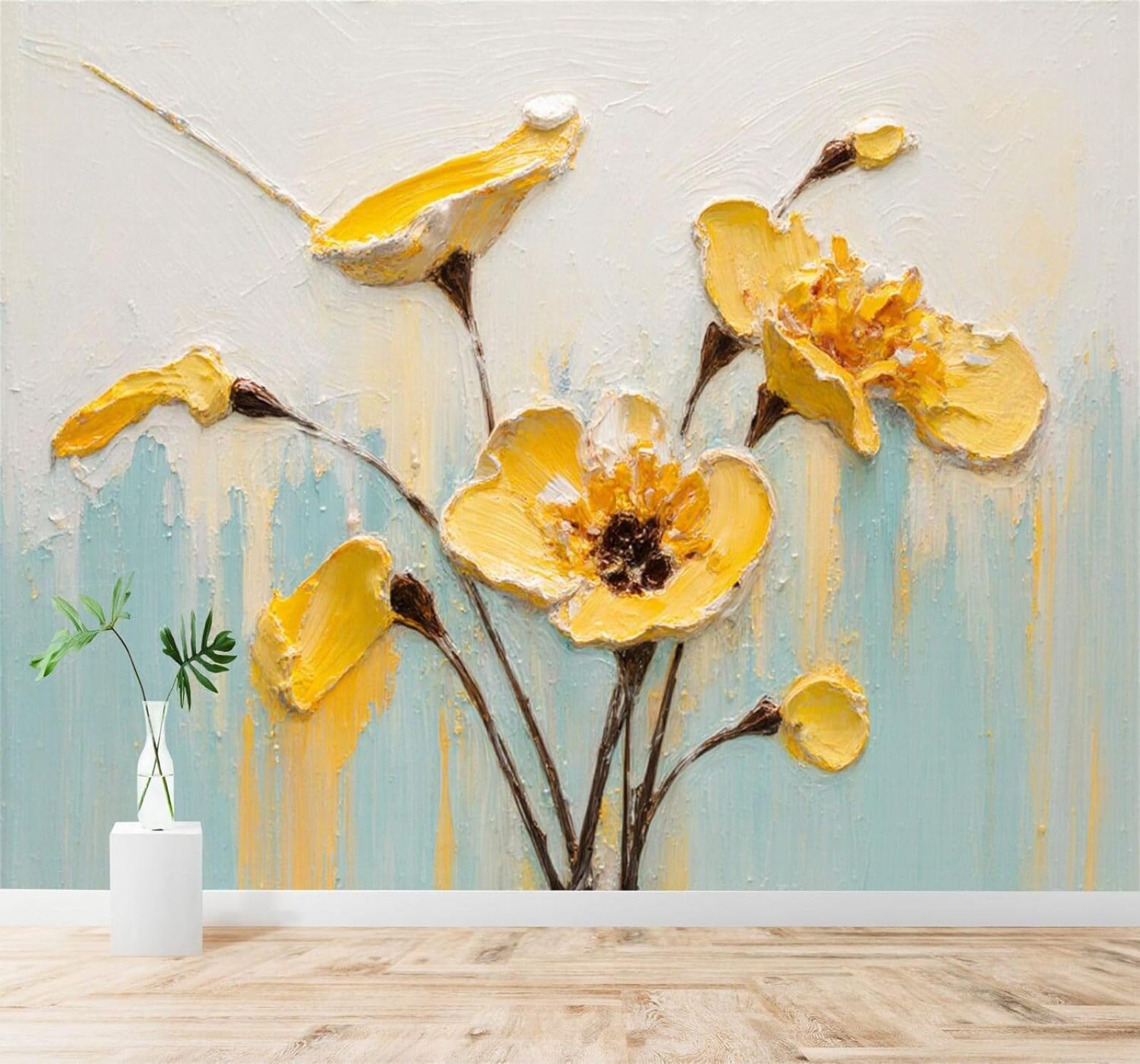 XLMING Hand Drawn Yellow Flowers Abstract Blue Art 3D Wallpaper Silky Texture Home Study Office Grey Dining Room Sofa Bedroom Living Room TV Backdrop-150cm×105cm