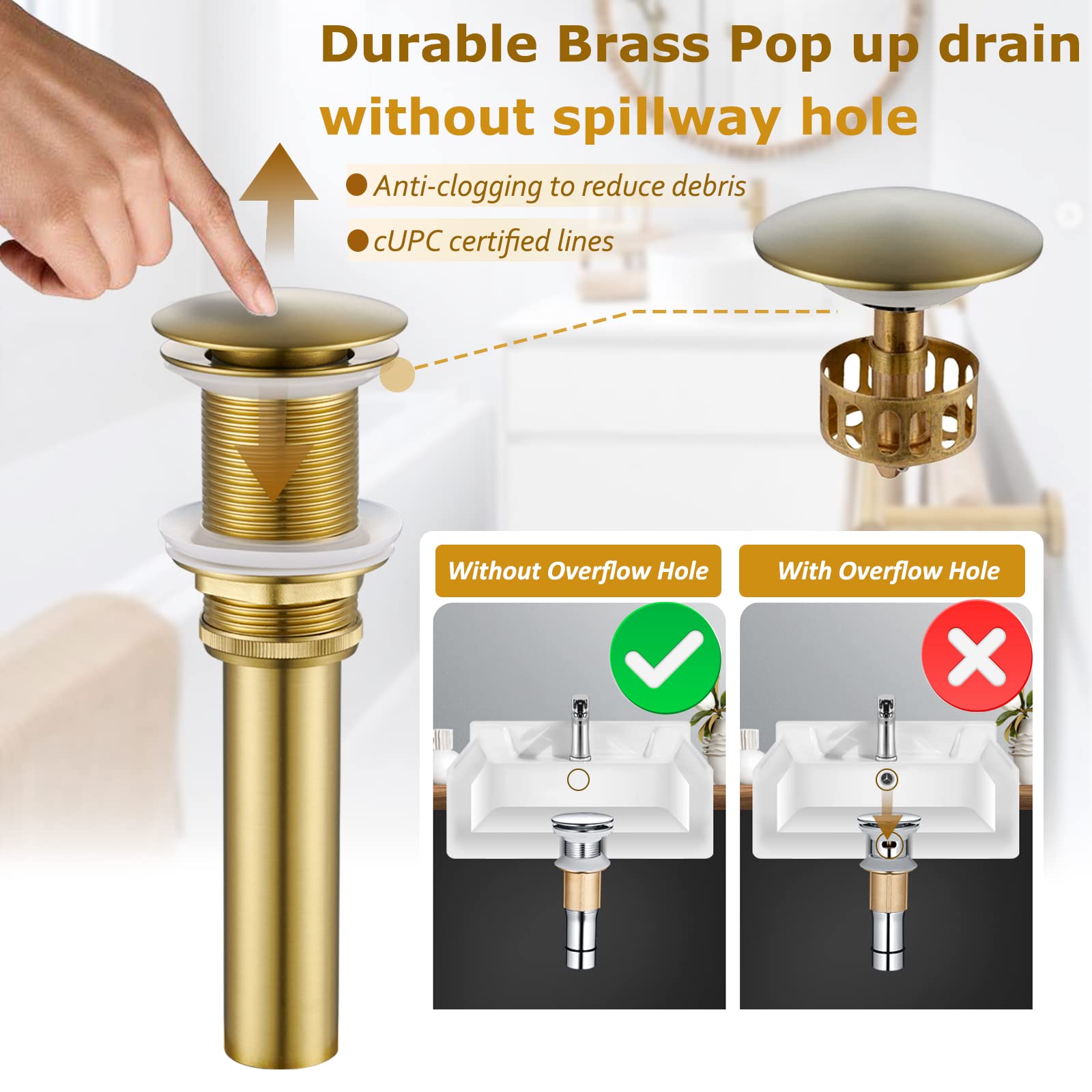 Polished Chrome Pop Up Sink Drain Without Overflow, Bathroom Faucet Vessel Vanity Sink Drain Stopper