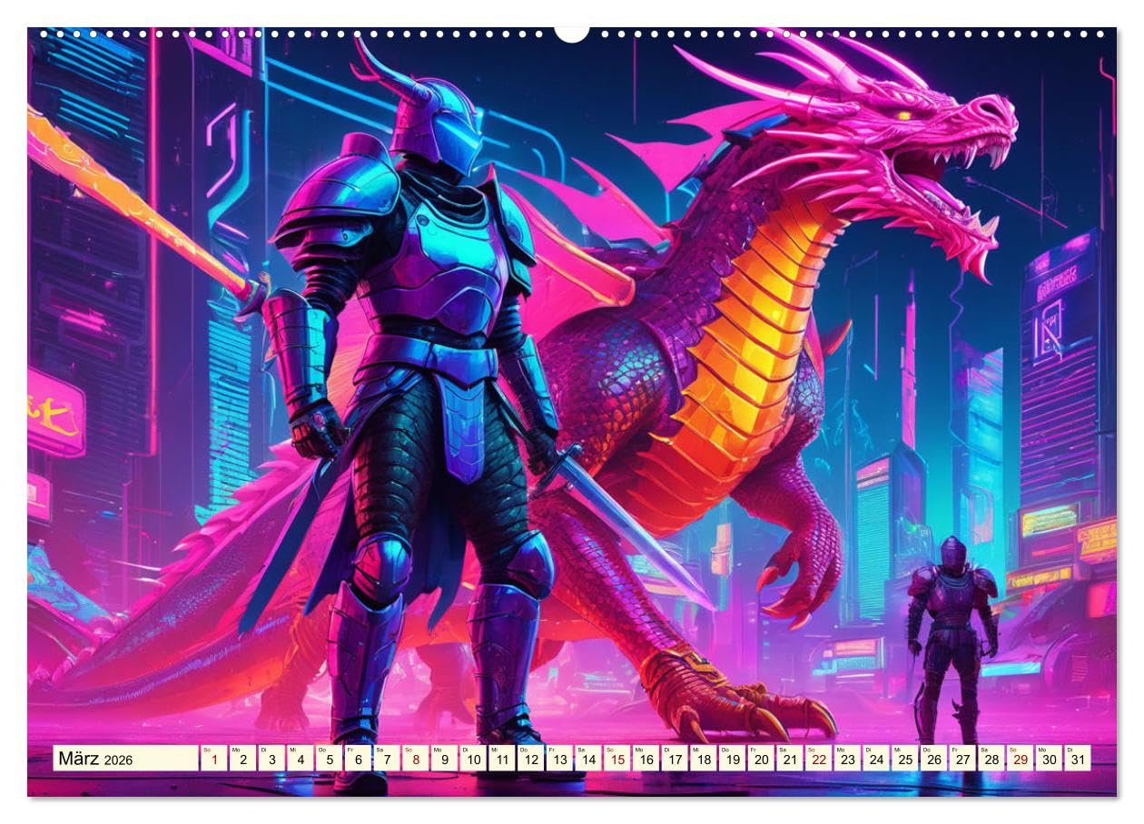 Fantasie - Futuristische Ritter (hochwertiger Premium Wandkalender 2026 DIN A2 quer), Kunstdruck in Hochglanz: Farbexplosionen dank Cyber Punk (CALVENDO Wissenschaft)