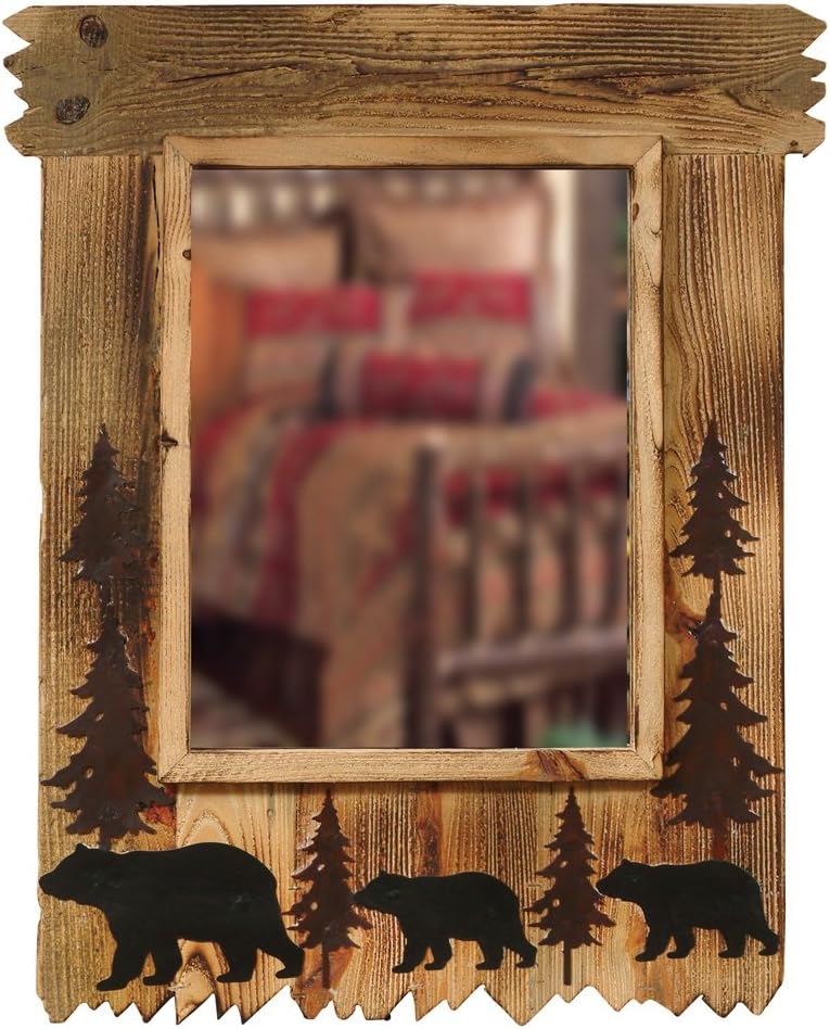 BLACK FOREST DECOR Rustic Wood Mirror with Bear Silhouettes - Lodge Style Wall Decor