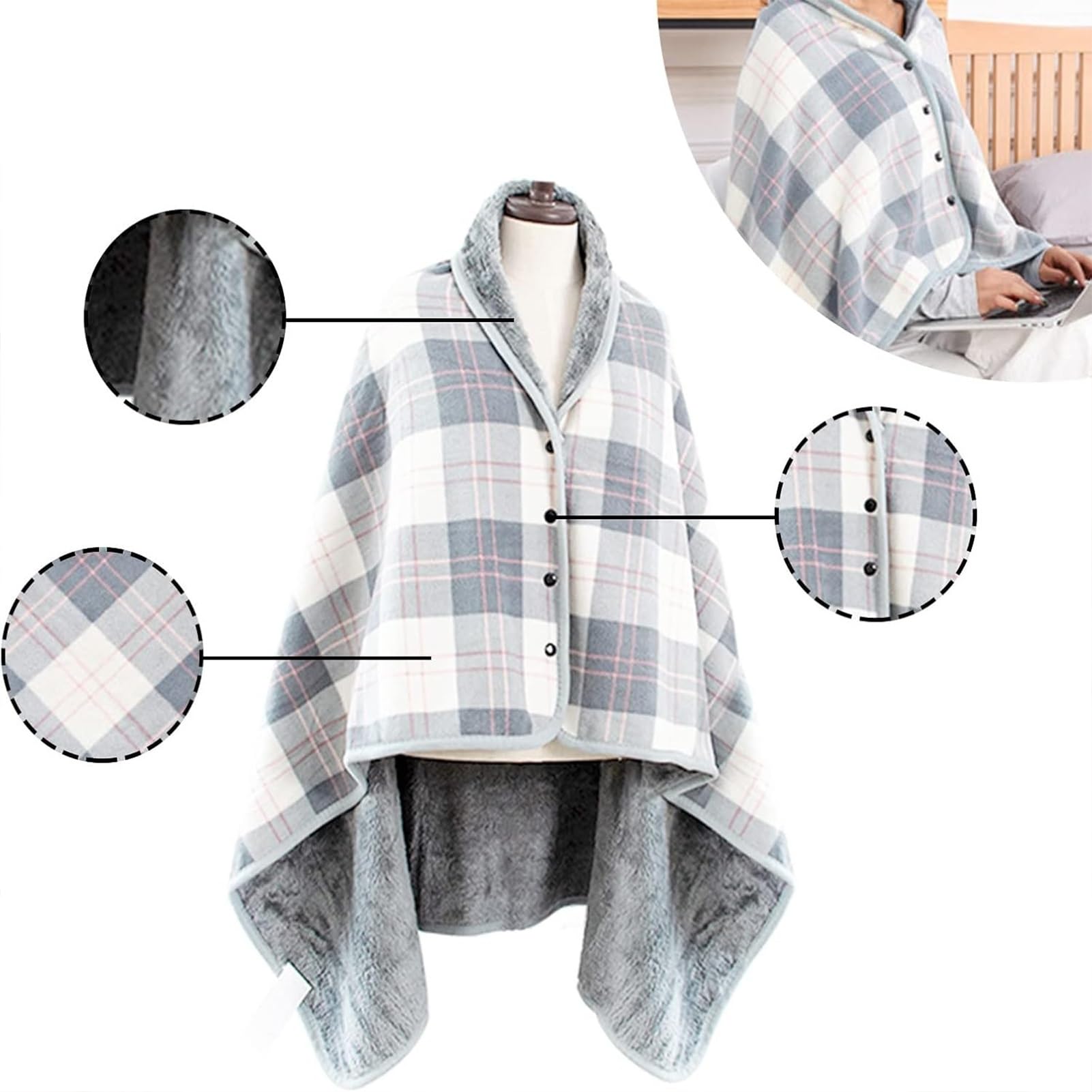 Poncho para Silla de Ruedas con Forro Polar Resistente al Viento y Capucha para Adultos, Manta de Viaje Reutilizable, Manta portátil con Capucha para Personas Mayores (Blanco, 80 x 130 cm)