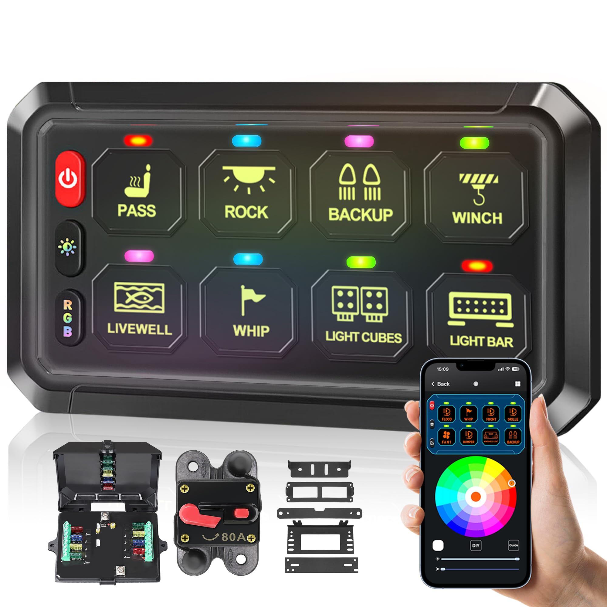 Panel de interruptor RGB de 8 velocidades, regulable automáticamente, panel de interruptores multifunción con memoria de impulso de inclinación instantánea, panel de aluminio para camiones