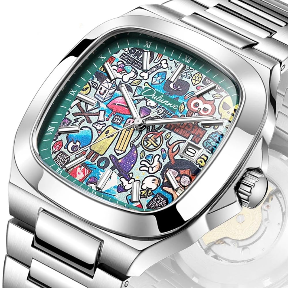Reloj mecánico cuadrado creativo con esfera grande totalmente automático para hombre, visualización de fecha, luminoso, impermeable, divertido, lindo reloj de pulsera de negocios