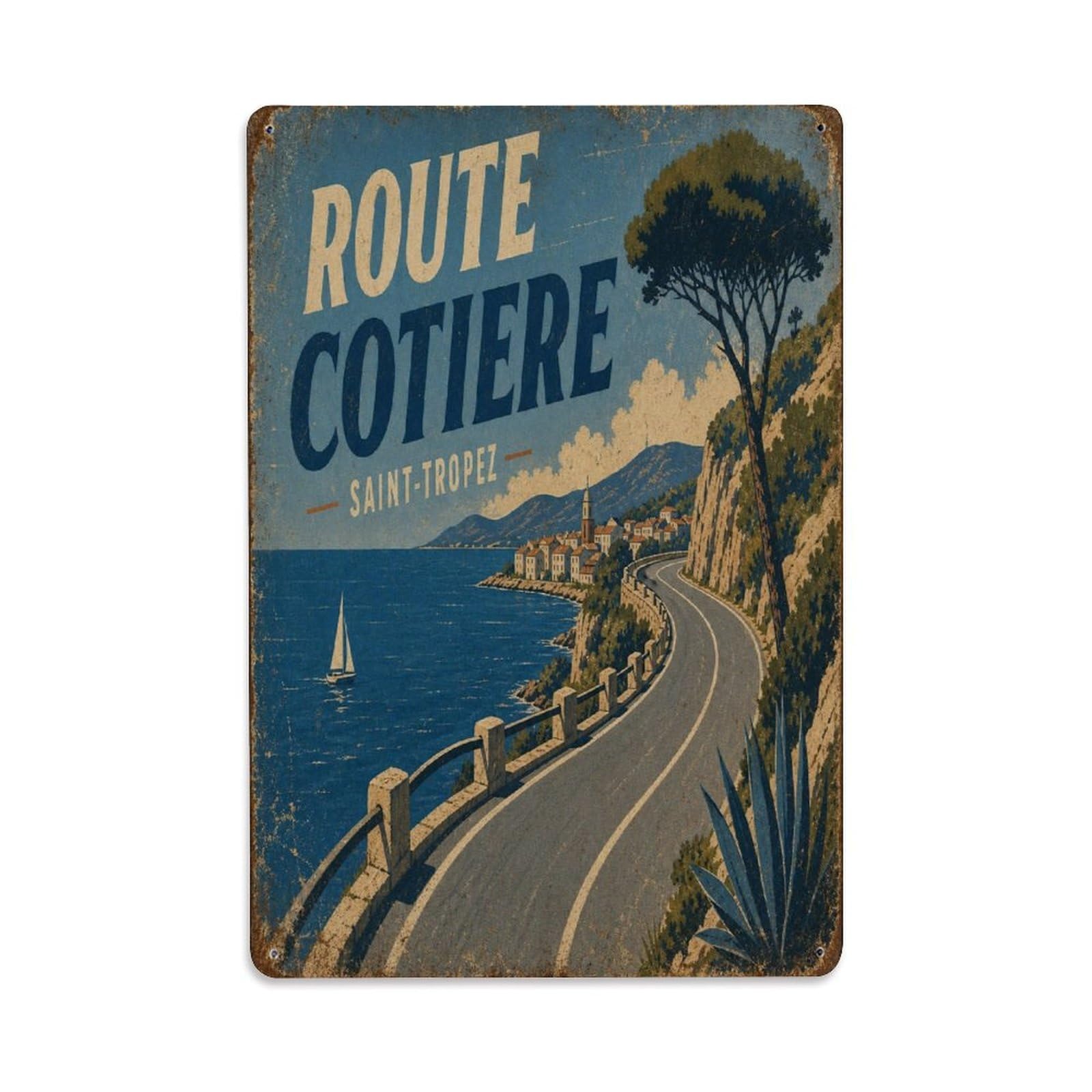 Saint Tropez Coastal Route Vintage Riviera Drive Metal Tin Sign Plaque Wall Decor for Cafe, Man Cave, Club Bar, Office, Home Garden Round Metal Poster 8x12Inch