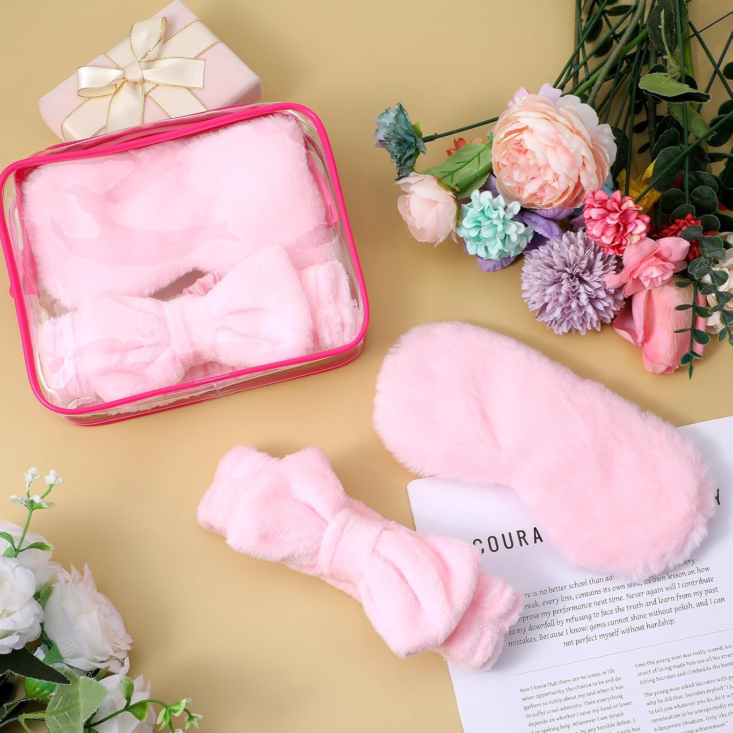 30 Pcs Sleepover Party Supplies for Girls 10 Spa Headband 10 Plush Sleep Eye Mask 10 Clear Cosmetic Bags Makeup Headband for Washing Eye Mask Bulk for Spa Party Favor Beauty Bridesmaid Gifts(Pink)