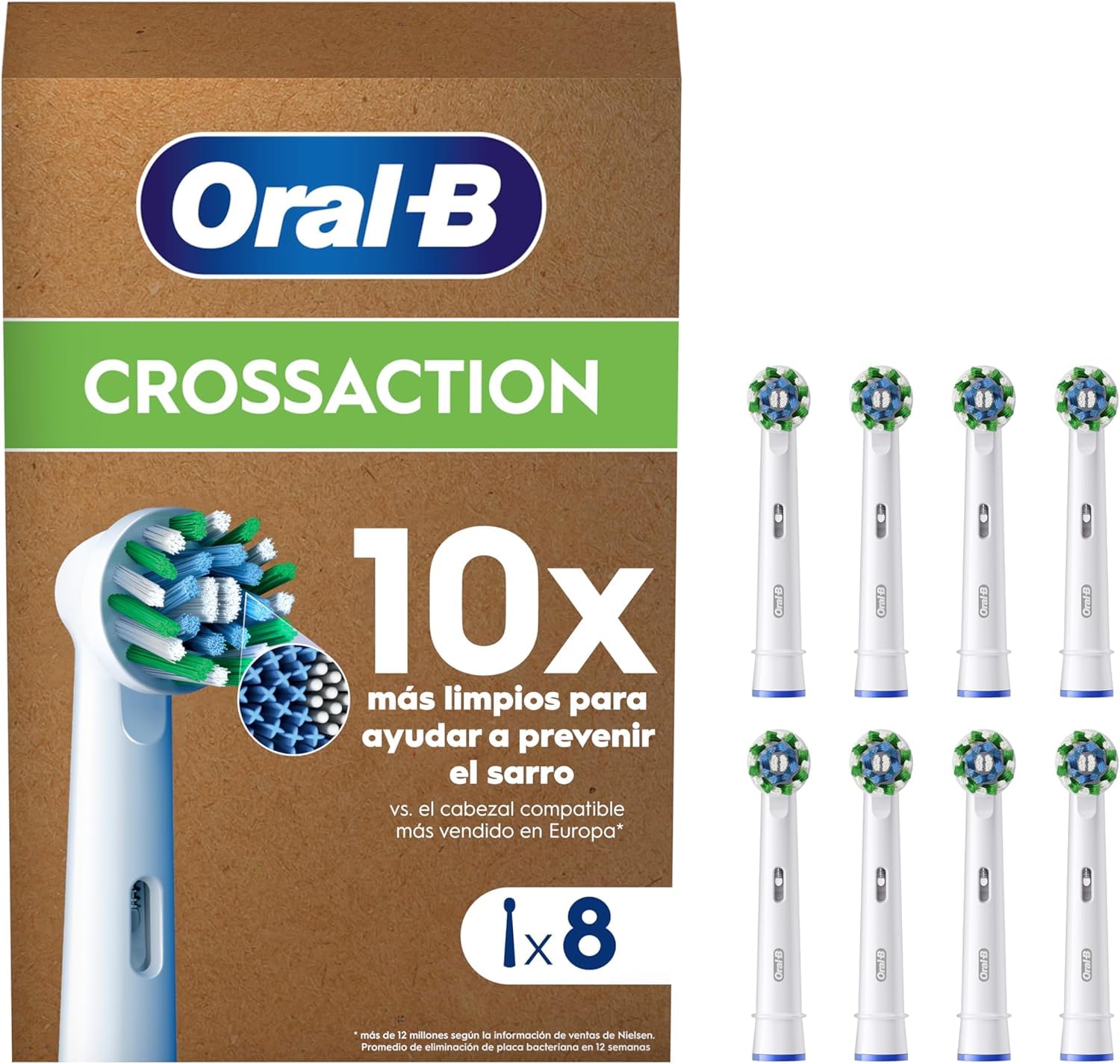 Oral-B CrossAction Cabezales de Recambio Originales, Blanco, Pack de 8 - Recambios para Cepillo de Dientes Eléctrico Oral B Pro, con Indicador de Uso, Eliminación de La Placa Bacteriana GreenCircle Certified: Certified Environmental Facts Label