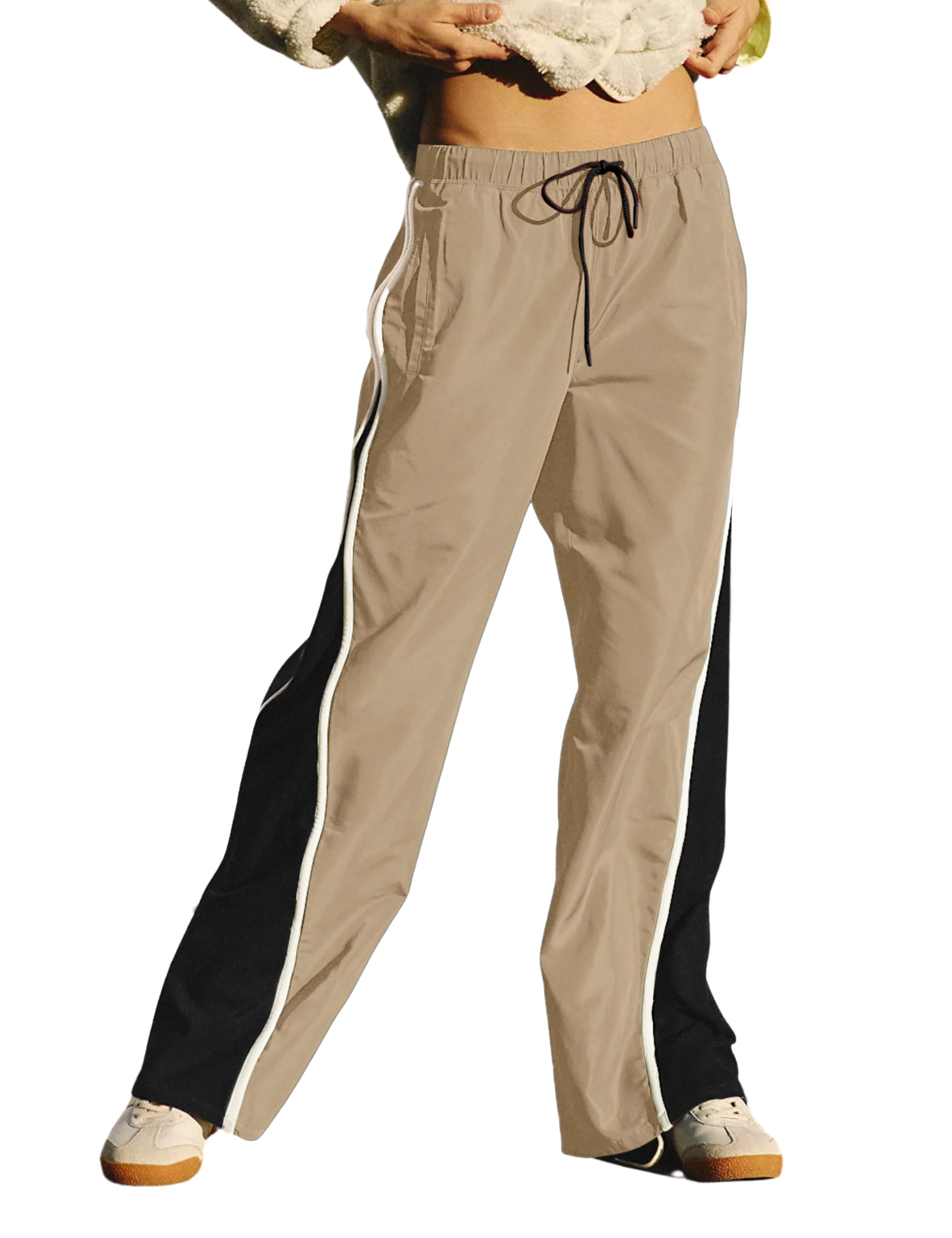 Hongsui Womens Cool Side Panels Wide Leg Pants Drawstring Sporty Palazzo Pants Casual Sweatpants with Pockets