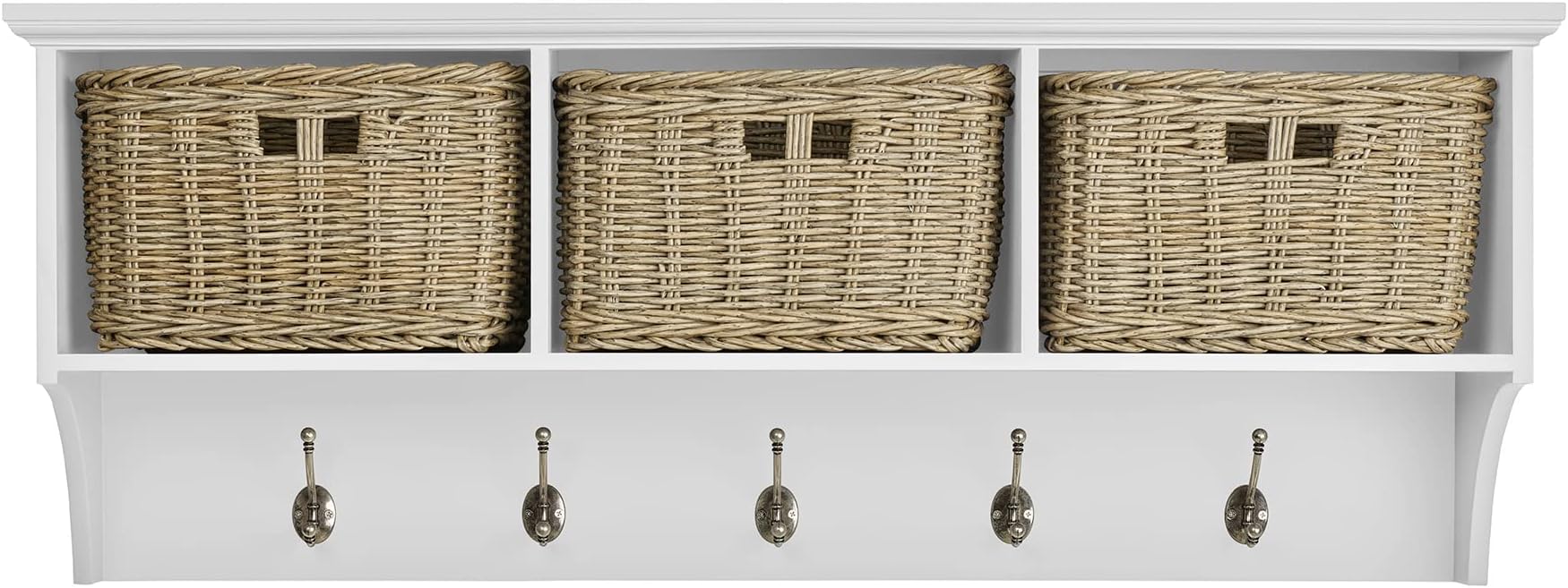 Wall Mounted Coat Rack Hanging Shelf with 5 Hooks and 3 Storage Baskets | White Coat Hanger for Entyryway Hallway Tetbury Furniture