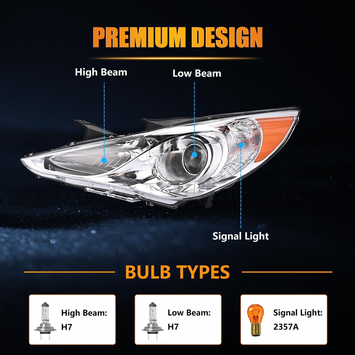 Headlights Assembly for 2011-2014 Hyundai Sonata(Not for Hybrid), Passenger & Driver Side Halogen Headlamp with Bulbs Clear Lens Black Housing Amber Reflector, 1 Pair, OEM# 92101-3Q000