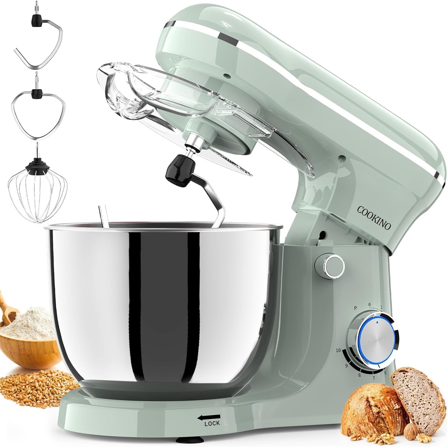 Electric Stand Mixer,10 Speeds Tilt-Head Food Mixer, 3-IN-1 Kitchen Mixer for Daily Cooks with Dishwasher-Safe 6QT Bowl,Dough Hook, Beater, Whisk (Morandi Green)