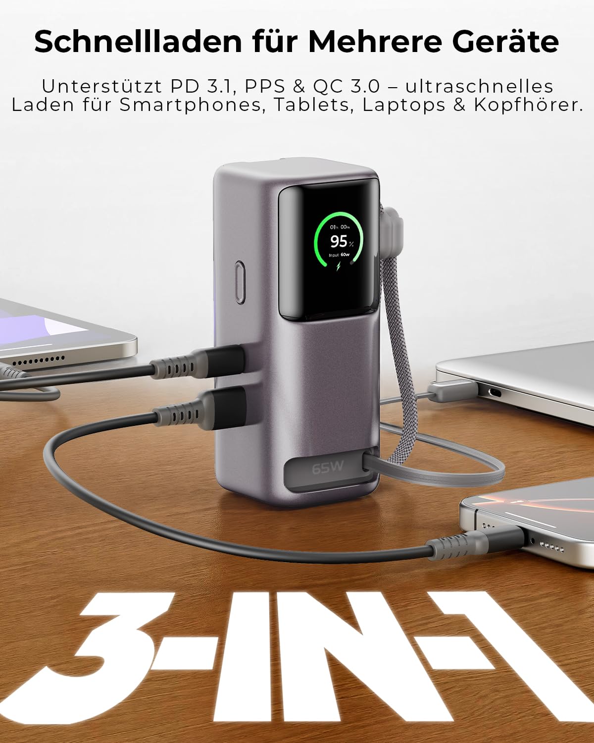 Havit Batería externa de 10000 mAh, carga rápida de 65 W, cable retráctil de 65 cm, compatible con iPhone 17/16/15 Series, Galaxy S25 Ultra, MacBook, Dell Laptop and More