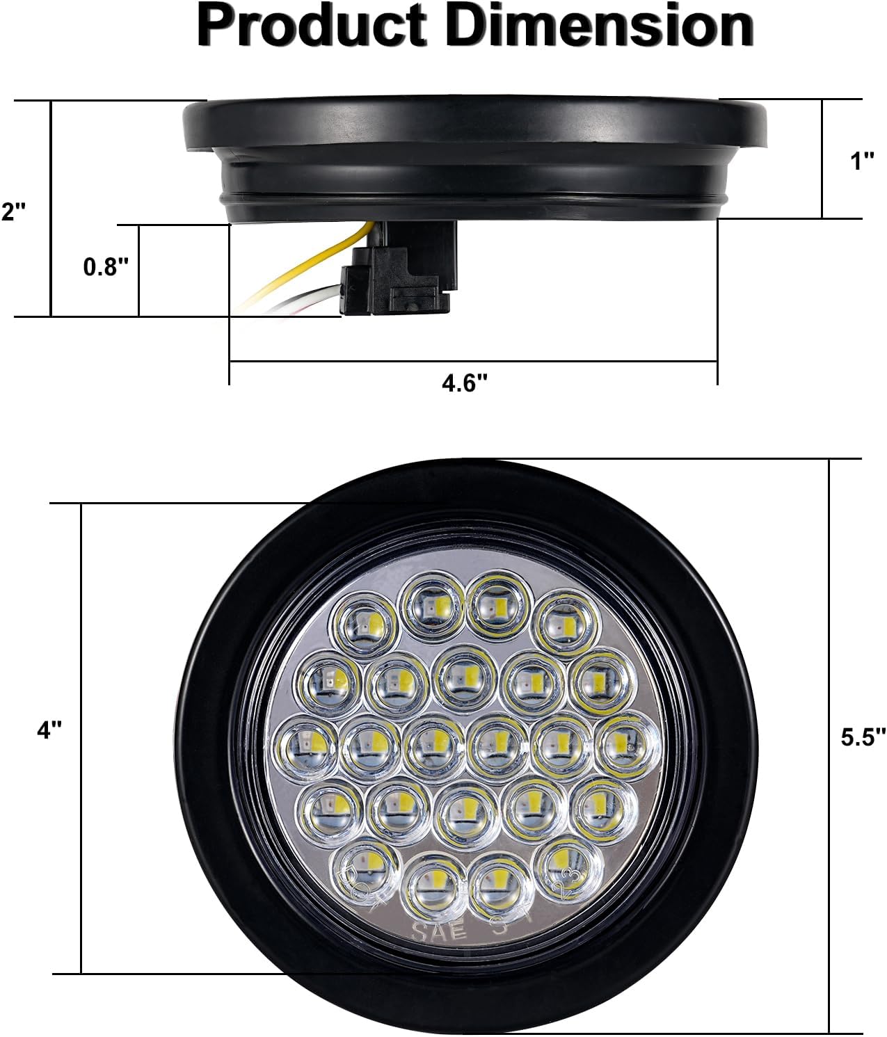 Pack of 4 4 Inch LED Round Trailer Lights - 24 LED RED Stop/Turn Signal Tail Lights & 4" WHITE Back-up/Reverse Lights for Trailer Truck with 3 Prong Wire Pigtails