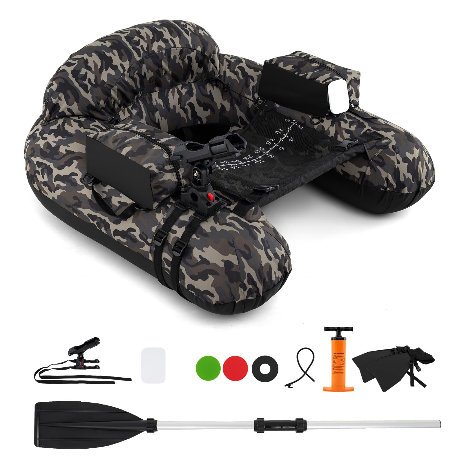 GOPLUS Bote de Pesca Inflable, Barco de Pesca Hinchable con Remo de Aluminio, Aletas, Bomba de Aire, Soporte de Caña de Pescar Ajustable, Bolsillos de Almacenamiento, Portátil