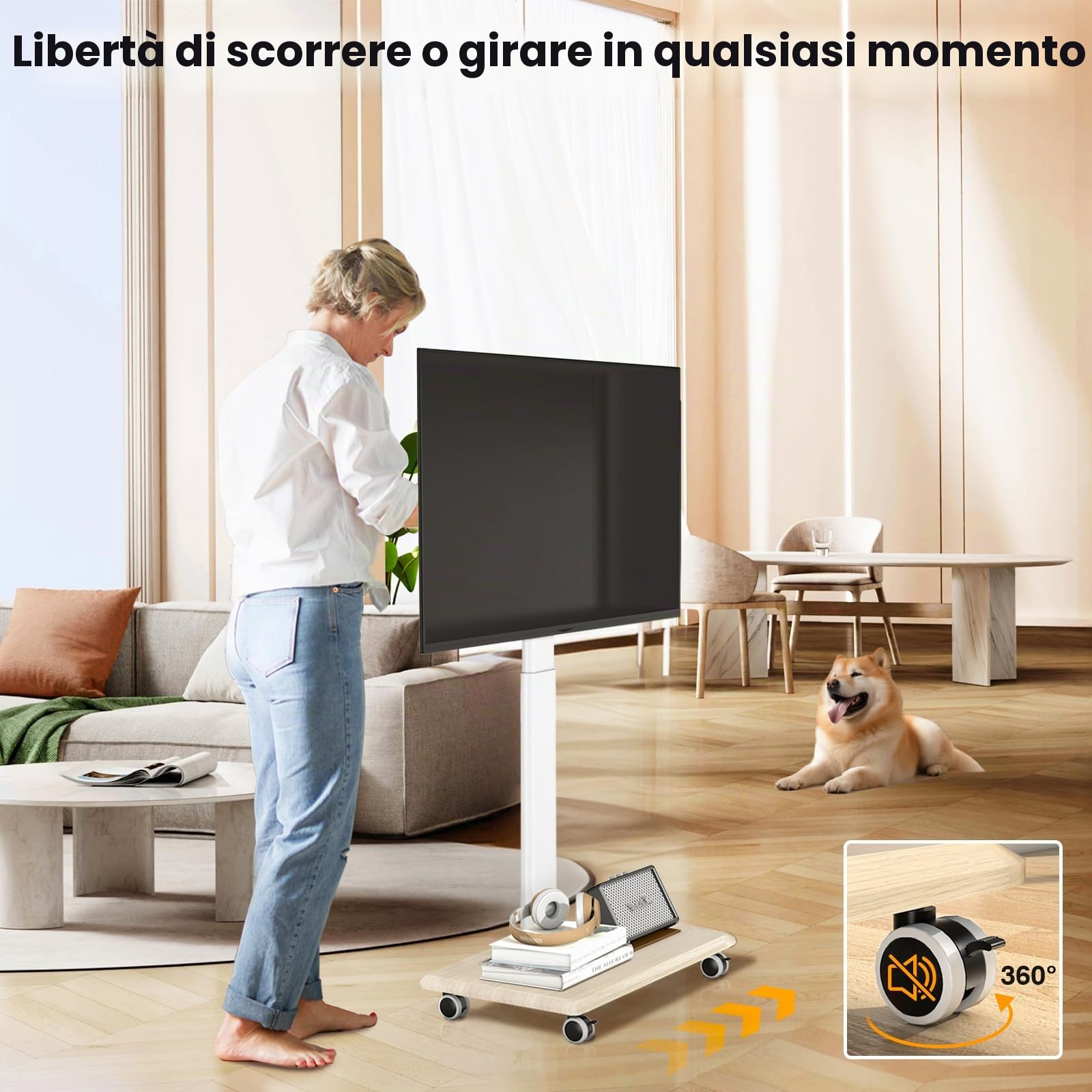 TVON Supporto TV da Pavimento Per TV da 32-65 Pollici LCD/LED/Plasma, Regolabile in Altezza Porta TV con Ruote Girevole Porta TV da Terra Fino a 40kg, Max.VESA 400x400mm, Bianco