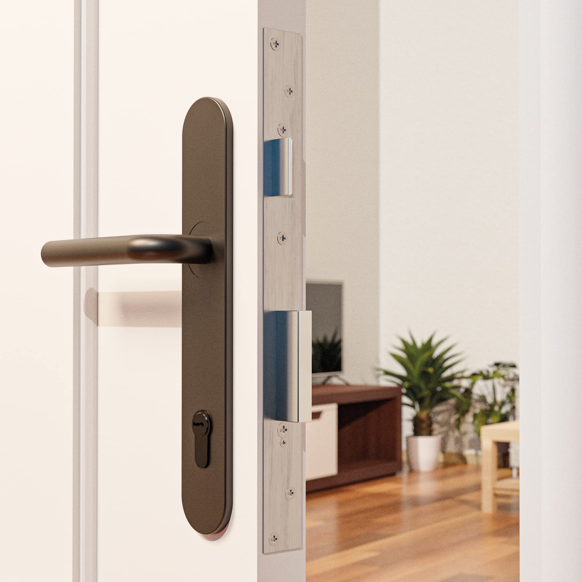Amig – Juego de manillas con placa para puertas – Diseño cilíndrico ergonómico – Medidas 245 × 45 mm – Acero inoxidable con placa de polipropileno – Incluye cuadradillo 8 mm y tornillos – Mod. 4PXB85