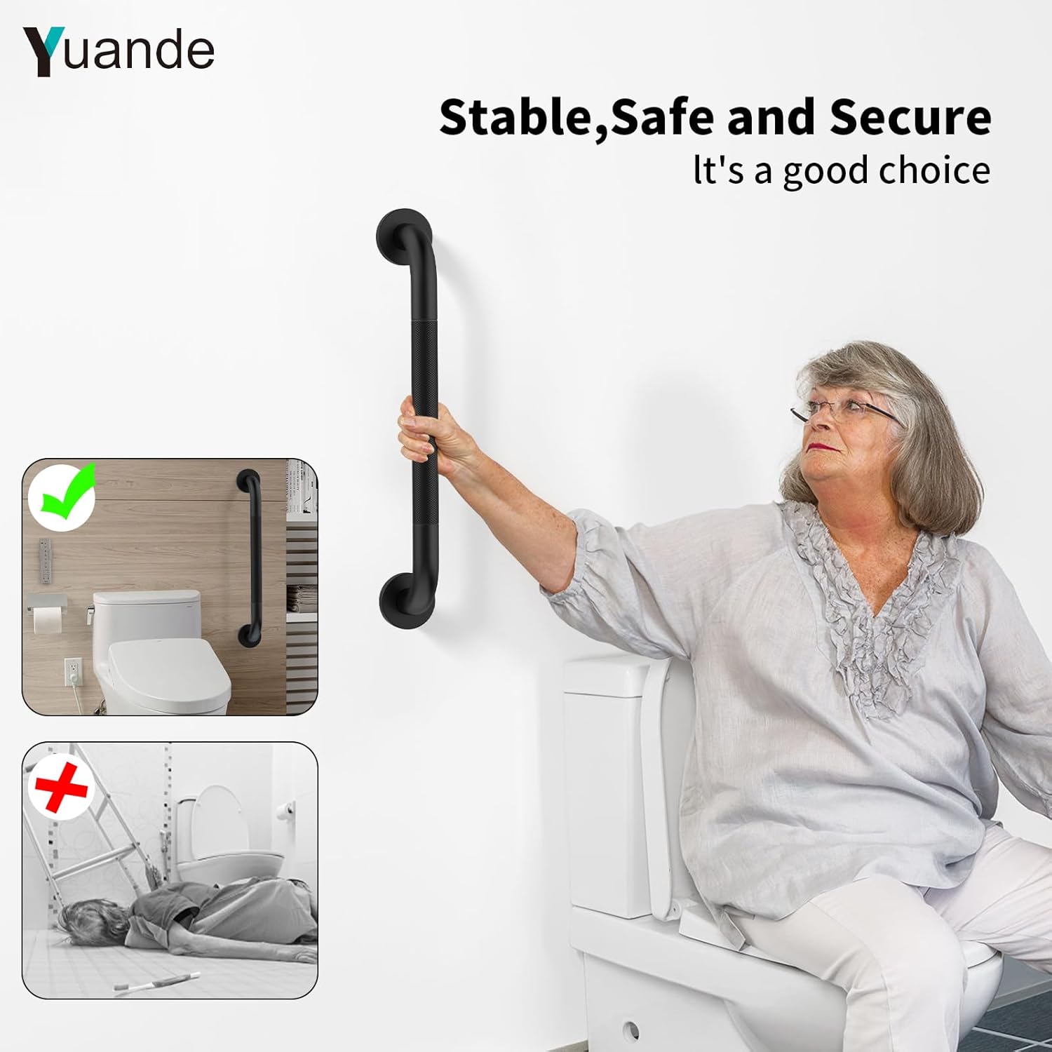 4 Pack 20 Inch Shower Grab Bar, YuanDe Black Bathroom Grab Bar Handle w/Anti-Slip Knurled Grip, Stainless Steel Bath Balance Bar,1.25" Diameter Safety Hand Rail Support,Handicap Injury Elderly Senior