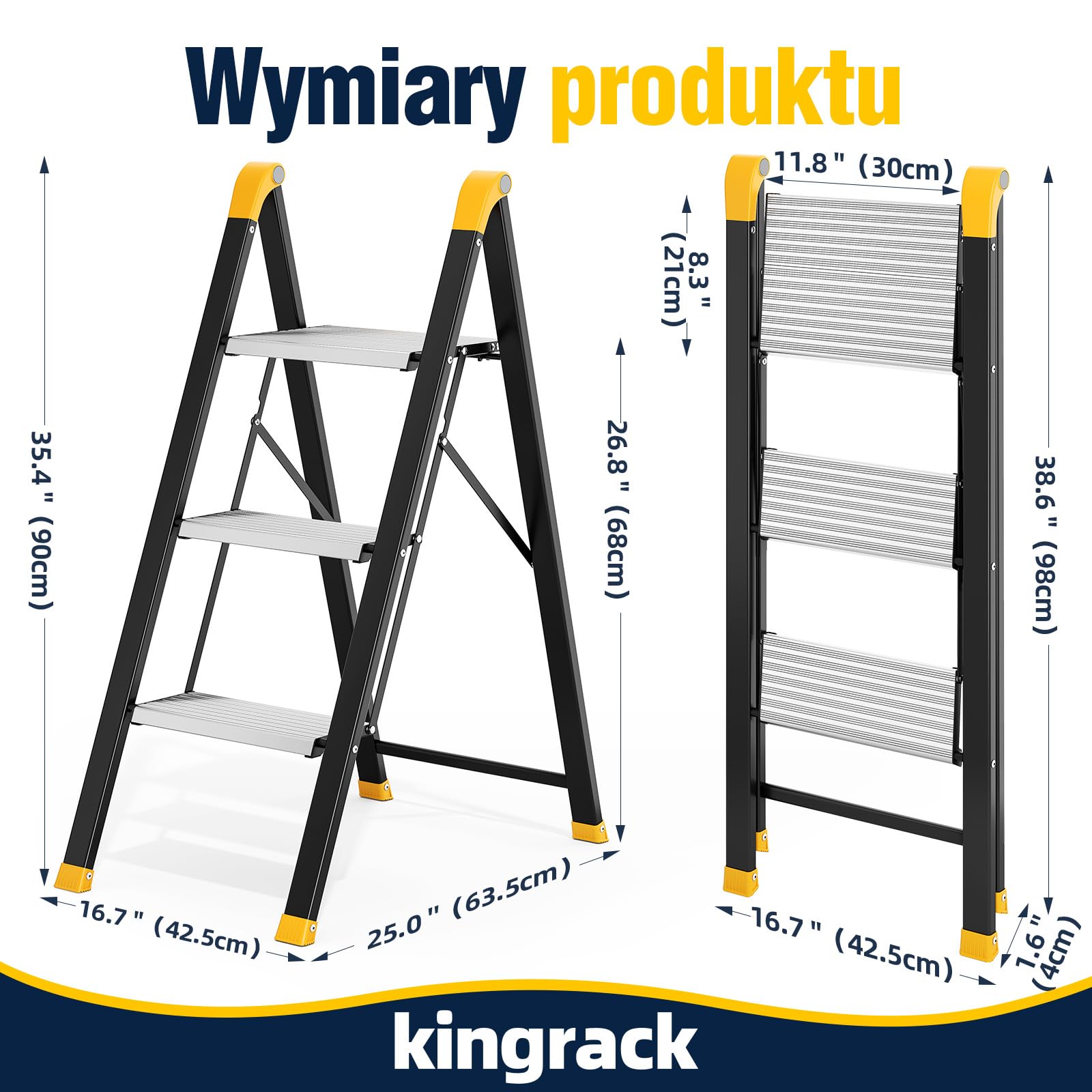 KINGRACK Drabina schodkowa, 3-stopniowa, składana, do gospodarstwa domowego, obciążenie do 150 kg, czarna