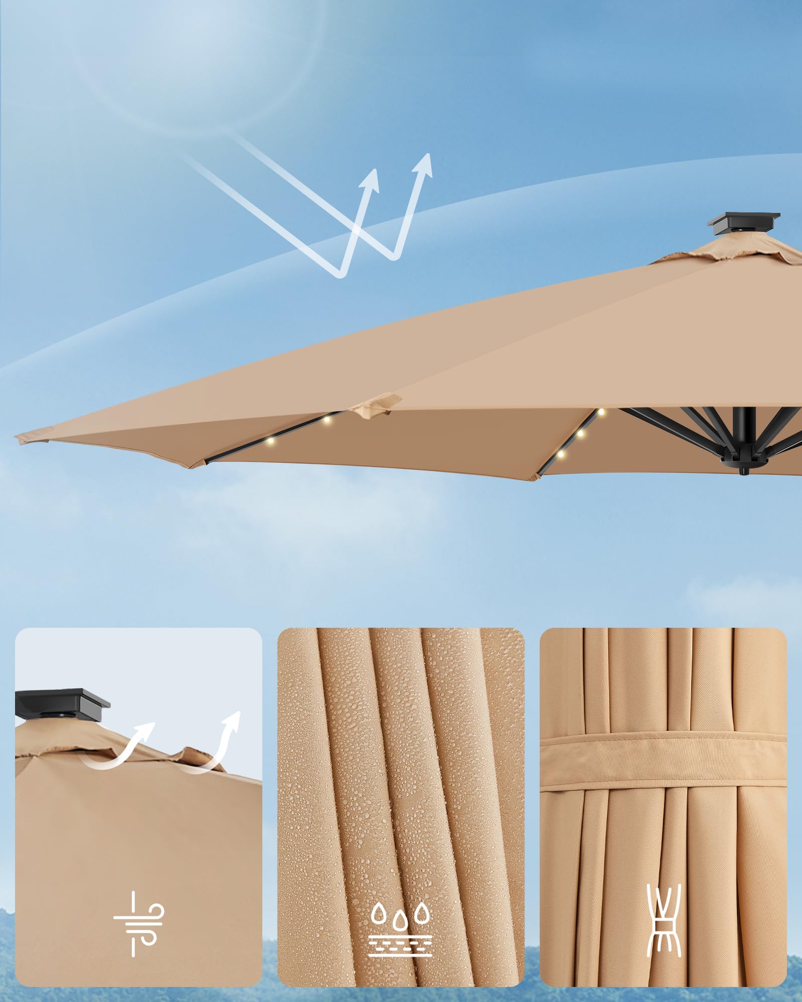 SONGMICS Parasol przeciwsłoneczny z oświetleniem solarnym LED, parasol ogrodowy, 32 diody LED, Ø 300 cm, ze stojakiem, ochrona przed promieniowaniem UV do UPF 50+, z korbą, do ogrodu, na taras