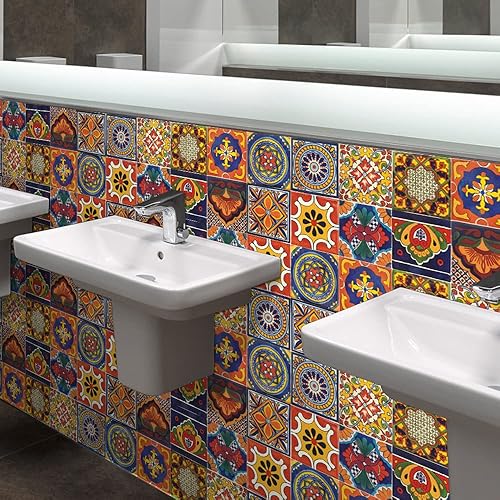 Vista 7 de 20 Pcs 4"×4" Tile Stickers Peel and Stick, Self Adhesive Waterproof Removable Mandala Style Tiles Backsplash for Kitchen Bathroom Furniture