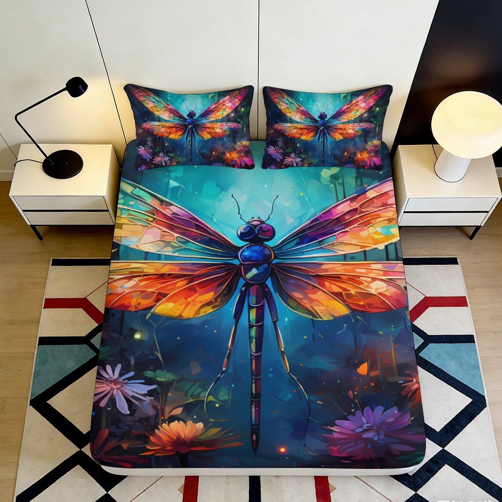 3D Printed Colorful Dragonfly Fitted Sheet Microfiber Soft Bed Cover for Bedroom Guest Room Decor Protection 90x200x25cm