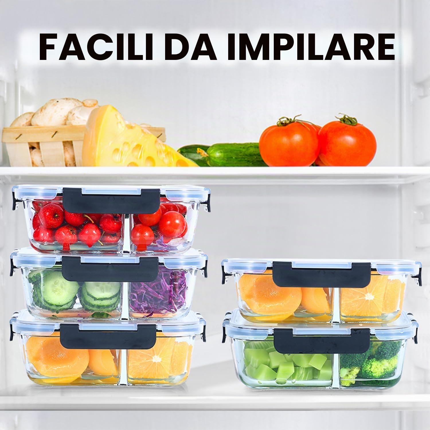 Meal Prep Box - Set di 3 contenitori per alimenti con coperchio, 1040 ml, 1 & 2 e 3 scomparti, per controllo delle porzioni, ermetici, per forno e congelatore
