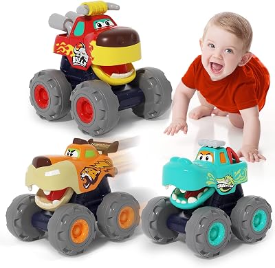 SunnyPal 3 Pack Monster Truck Toys for 1-3 Year Old Boys, Friction Powered & Pull Back Cars with Animal Mouth Design, Toddler Car Set for Birthday Gifts